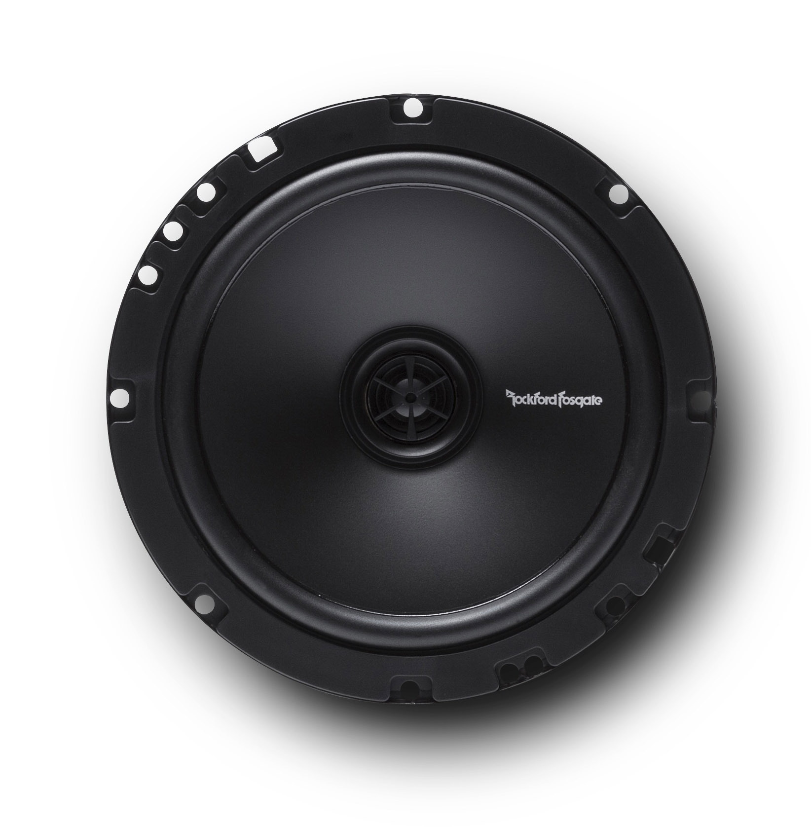 Ein schwarzer Autolautsprecher auf weißem Hintergrund. Das Logo 'Rockford Fosgate' ist sichtbar.