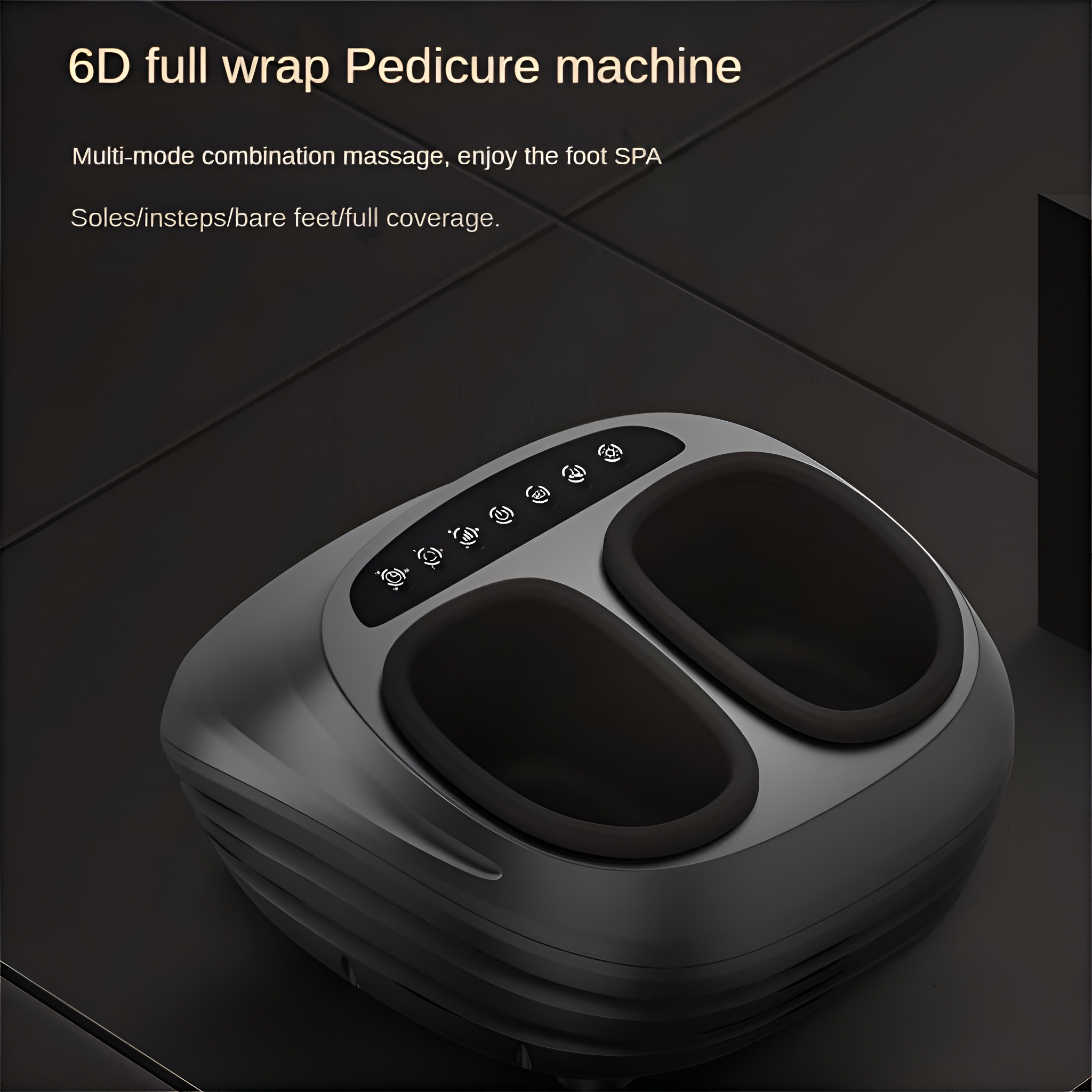 Ein Fußbadgerät mit zwei Fußbecken. Text: 6D Full Wrap, Multi-Modus-Massage.