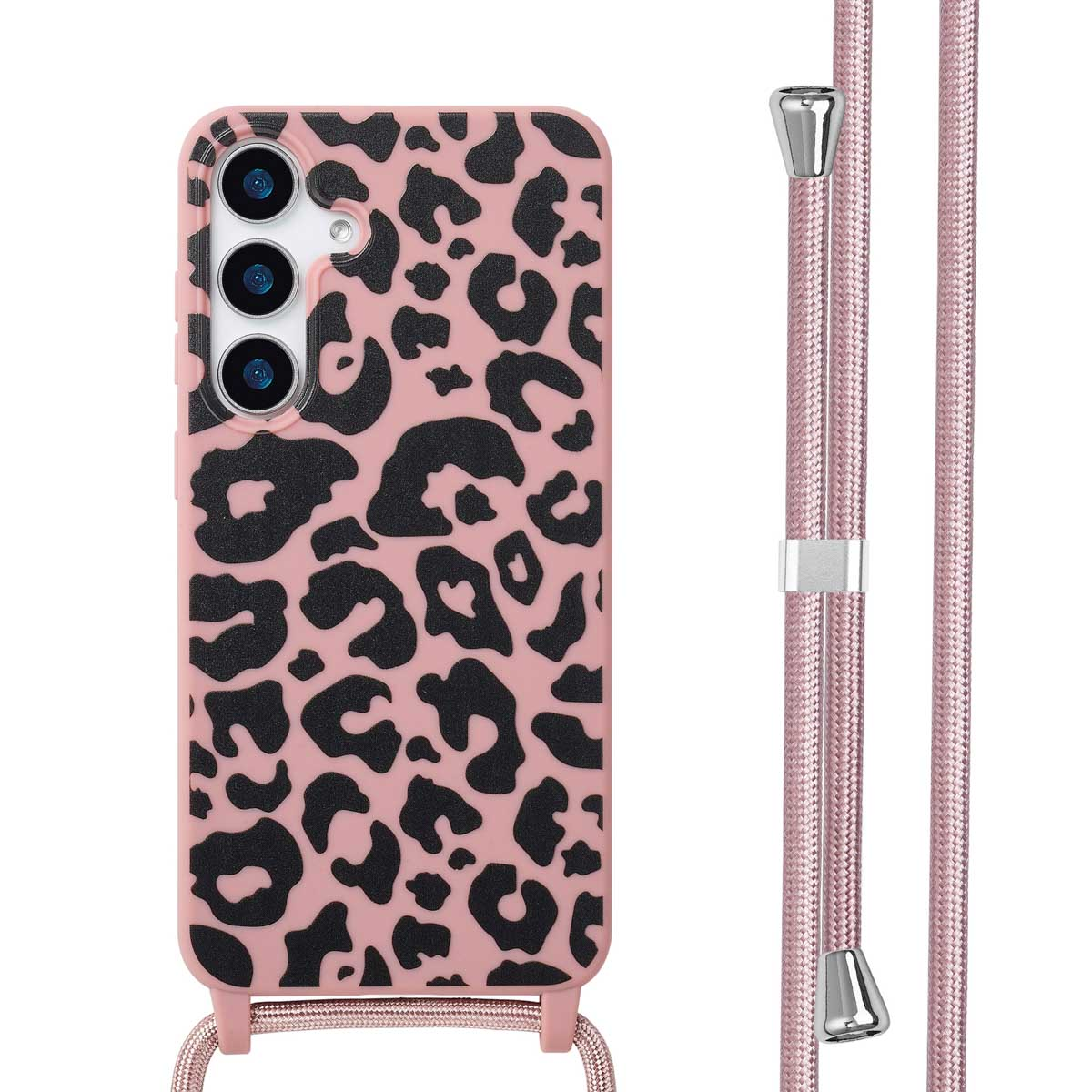 Coque de téléphone rose à imprimé léopard noir, attachée à un cordon rose assorti.