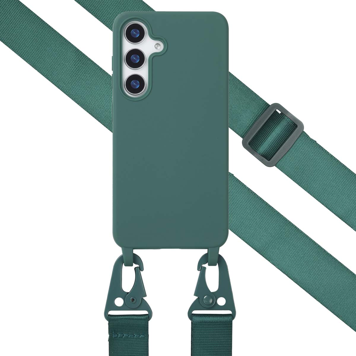 Groene telefoon met een bandje. Tekst: 'Bandje'. Groene band is aan de telefoon bevestigd. Achtergrond: Wit.