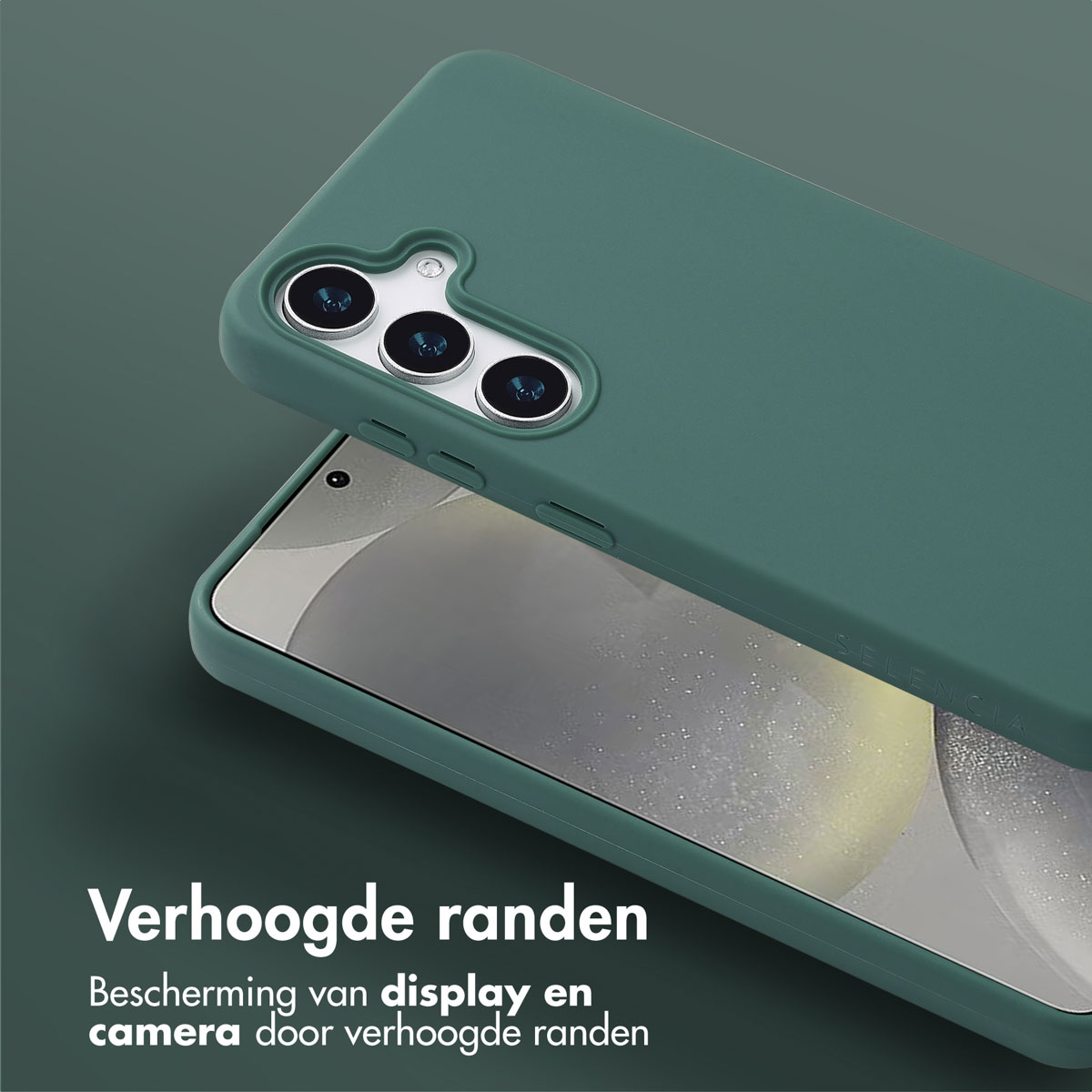 Groene telefoonhoes over een telefoon, tekst onderaan.