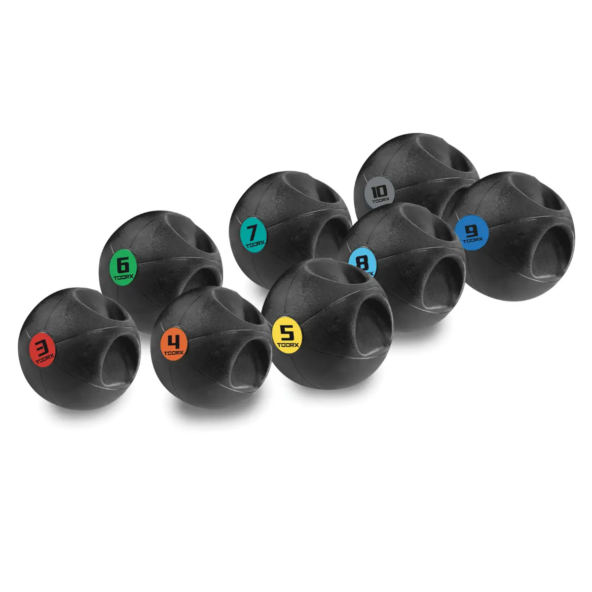 Een set zwarte medicijnballen genummerd van 3 tot 10 op een witte achtergrond. Elke bal heeft een nummer.