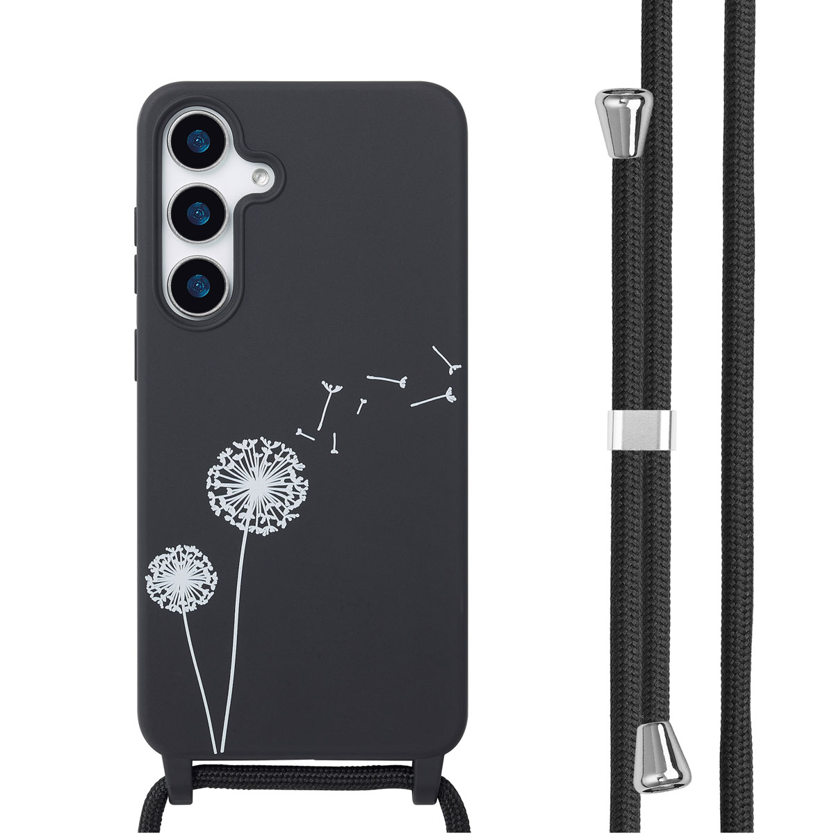 Coque de téléphone noire avec motif de pissenlit. Le téléphone possède plusieurs caméras. Le cordon est noir.