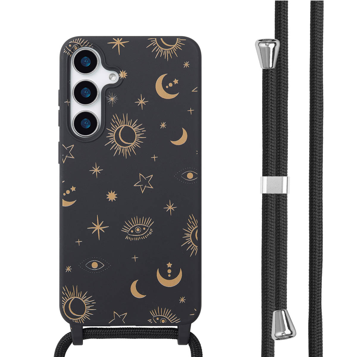 Coque de téléphone noire. Comprend un motif de soleil, de lune et d'étoiles. Le téléphone possède plusieurs caméras.