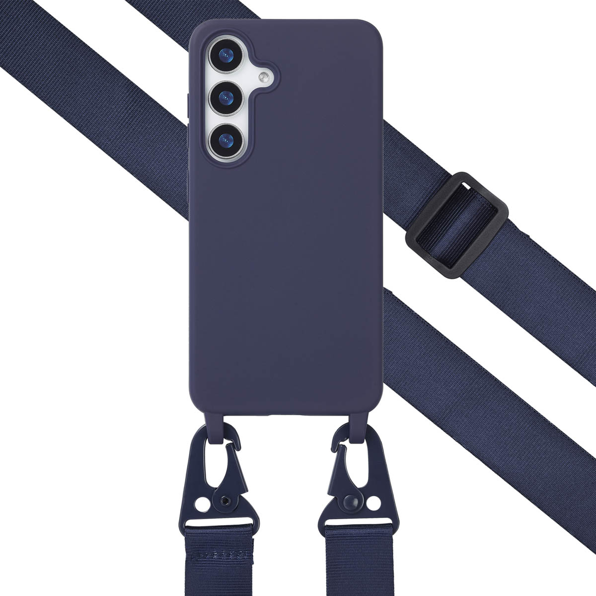 Blauwe telefoonhoes met bevestigde bandjes. De telefoonhoes staat op een witte achtergrond.