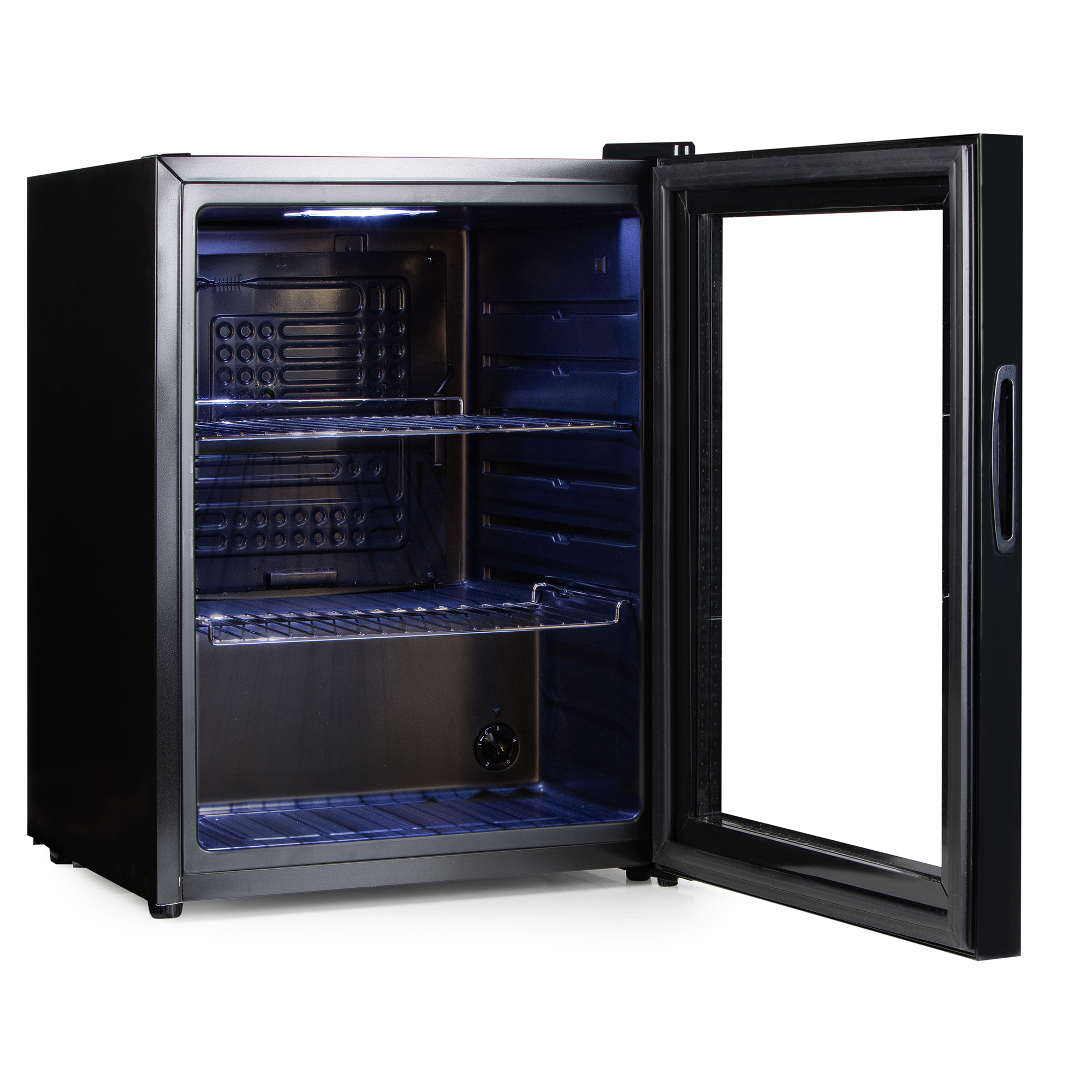 Black mini fridge with a glass door open. Inside, there are shelves and a light.