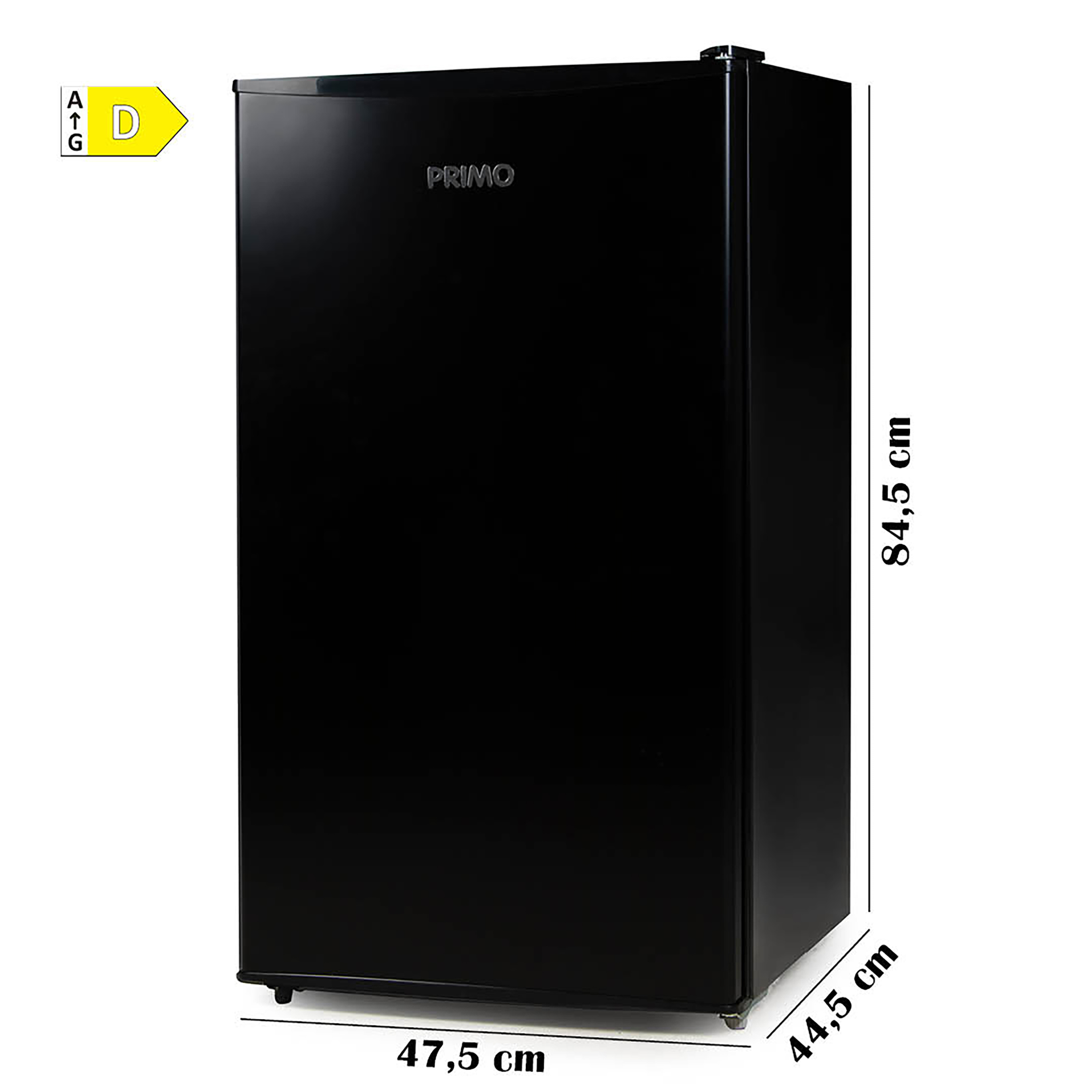 Réfrigérateur Primo noir avec dimensions indiquées. Classe d'efficacité énergétique D.