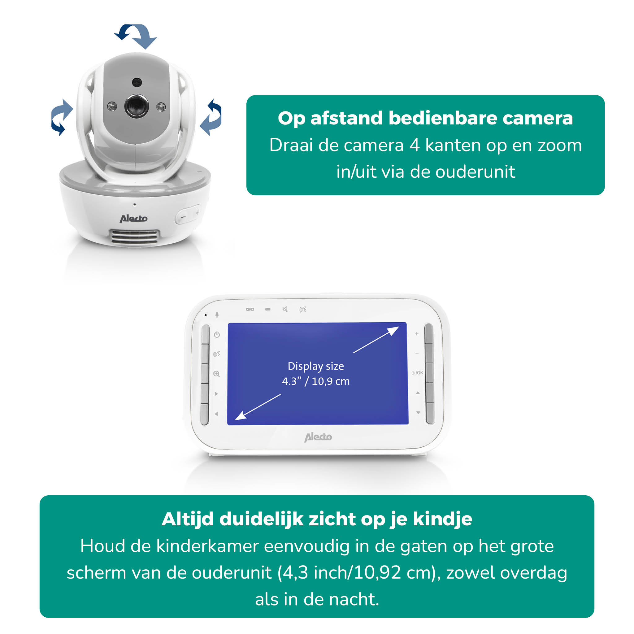 Baby monitor with a camera and a screen. The camera can rotate. The screen shows the baby's view.