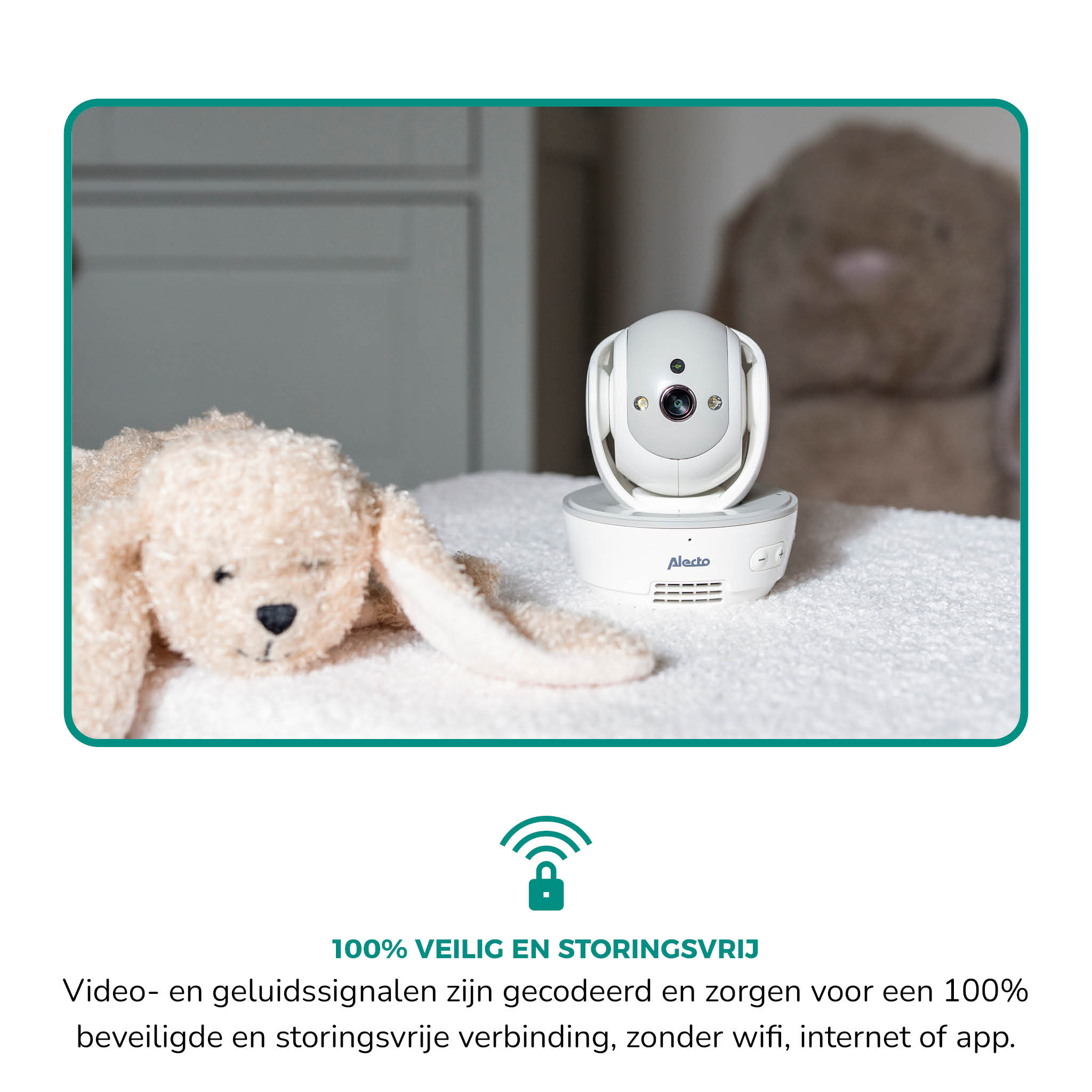 Baby monitor and stuffed animal on a white surface. Text: '100% safe'. Background: White.