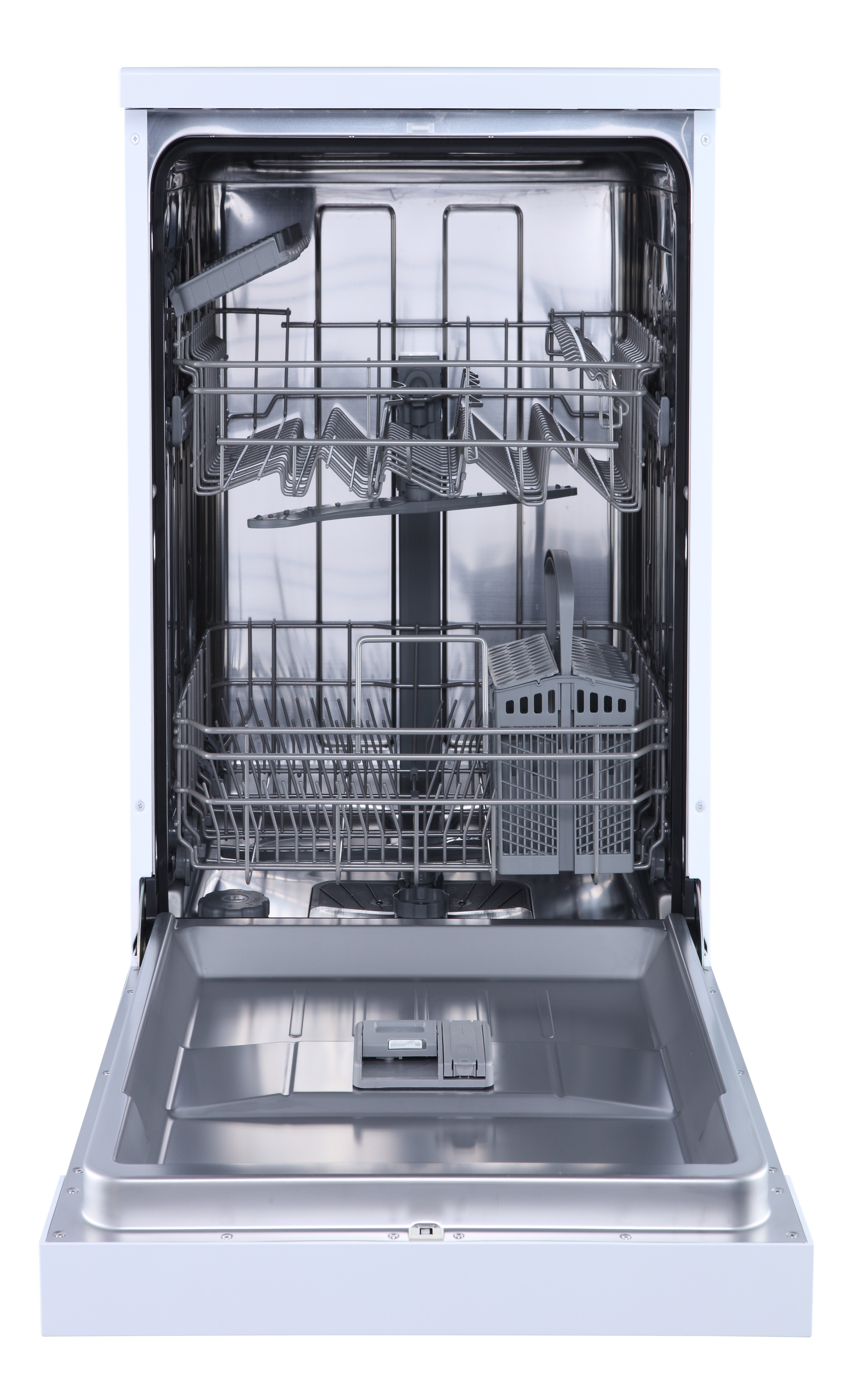 Otwarta biała zmywarka z widocznymi koszami i półkami, wnętrze ze stali nierdzewnej.