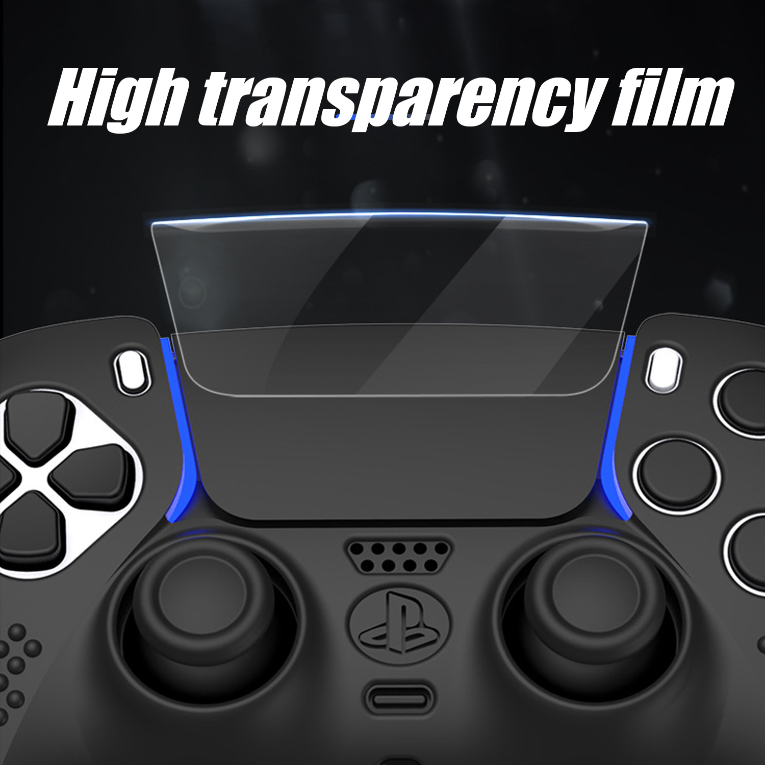 Czarny kontroler PlayStation z nałożoną przezroczystą ochroną ekranu.