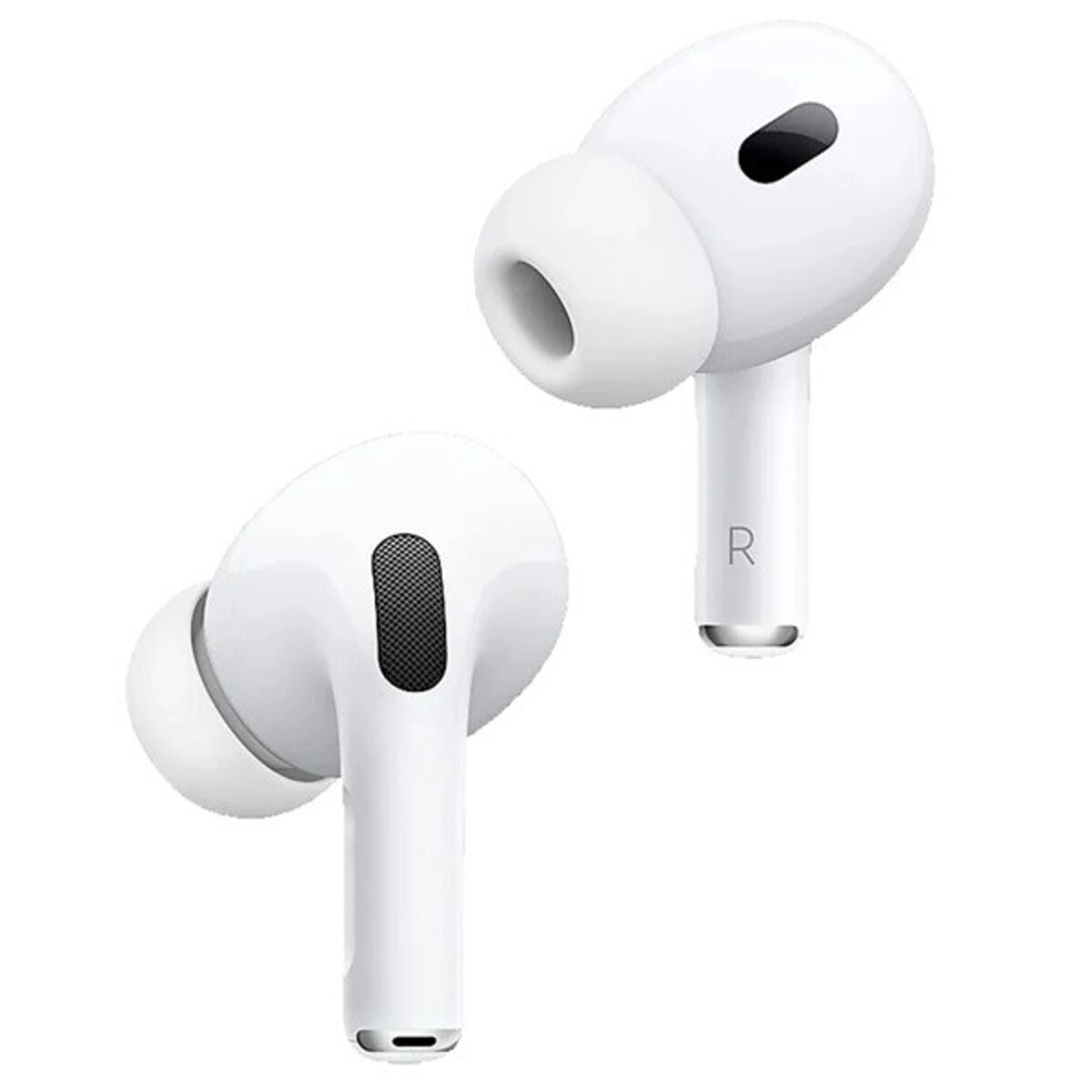 Dos AirPods Pro de Apple blancos de 2ª generación. Los auriculares están en ángulo hacia el espectador.