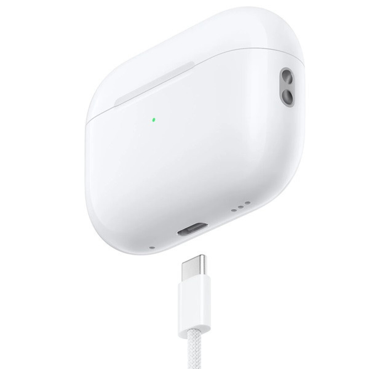 Estuche de carga inalámbrica blanco con cable. Tiene puerto USB-C y tapa abierta.