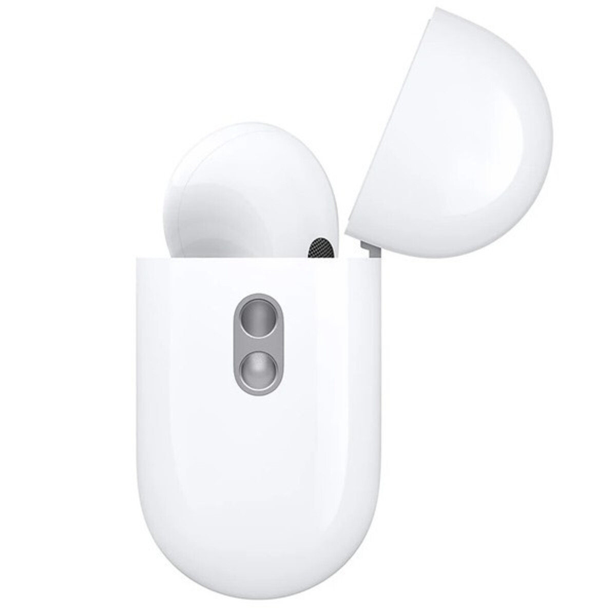 Estuche blanco de AirPods con un AirPod dentro. La funda está abierta.