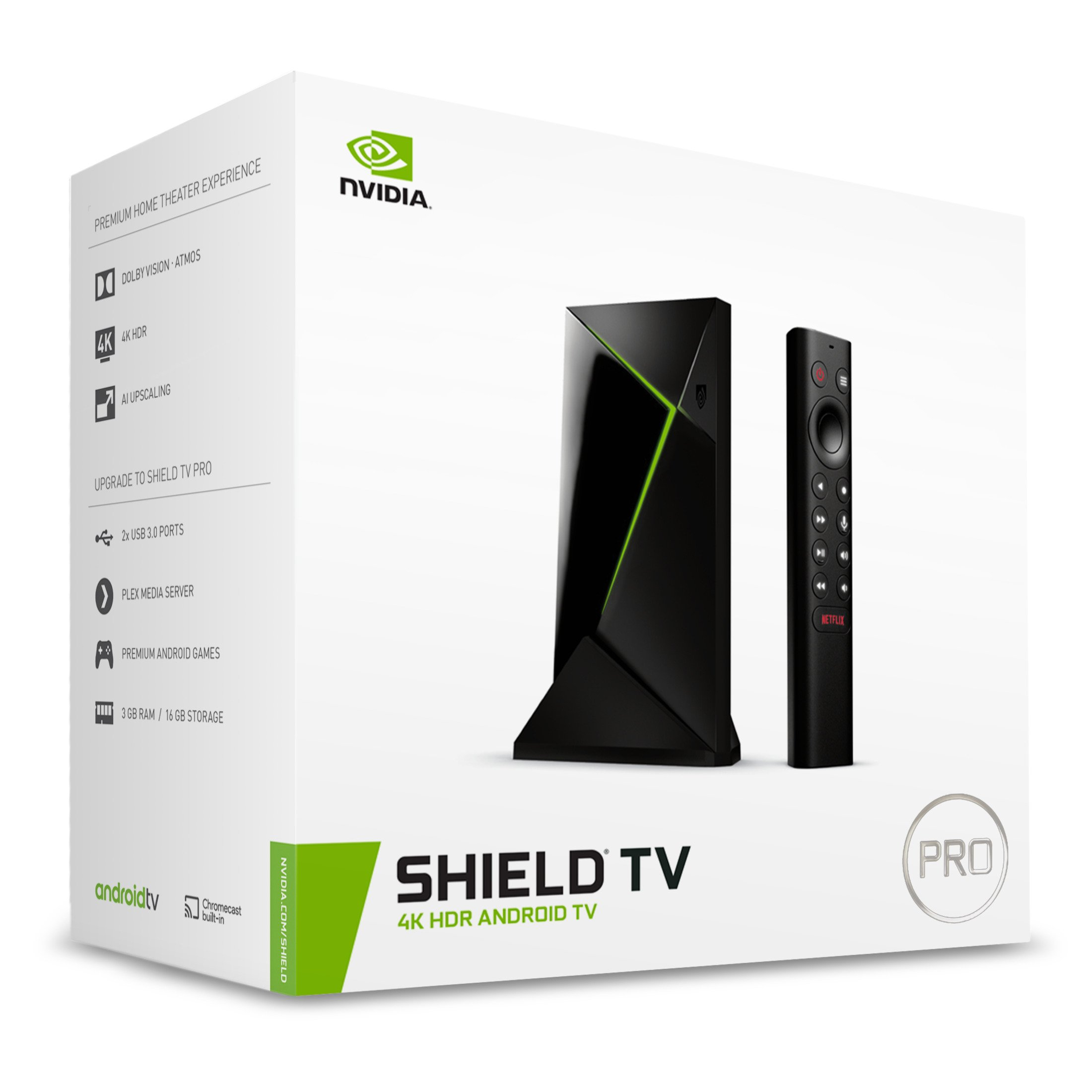Nvidia Shield TV Pro Box mit Fernbedienung und Gerät. Weißer Hintergrund.