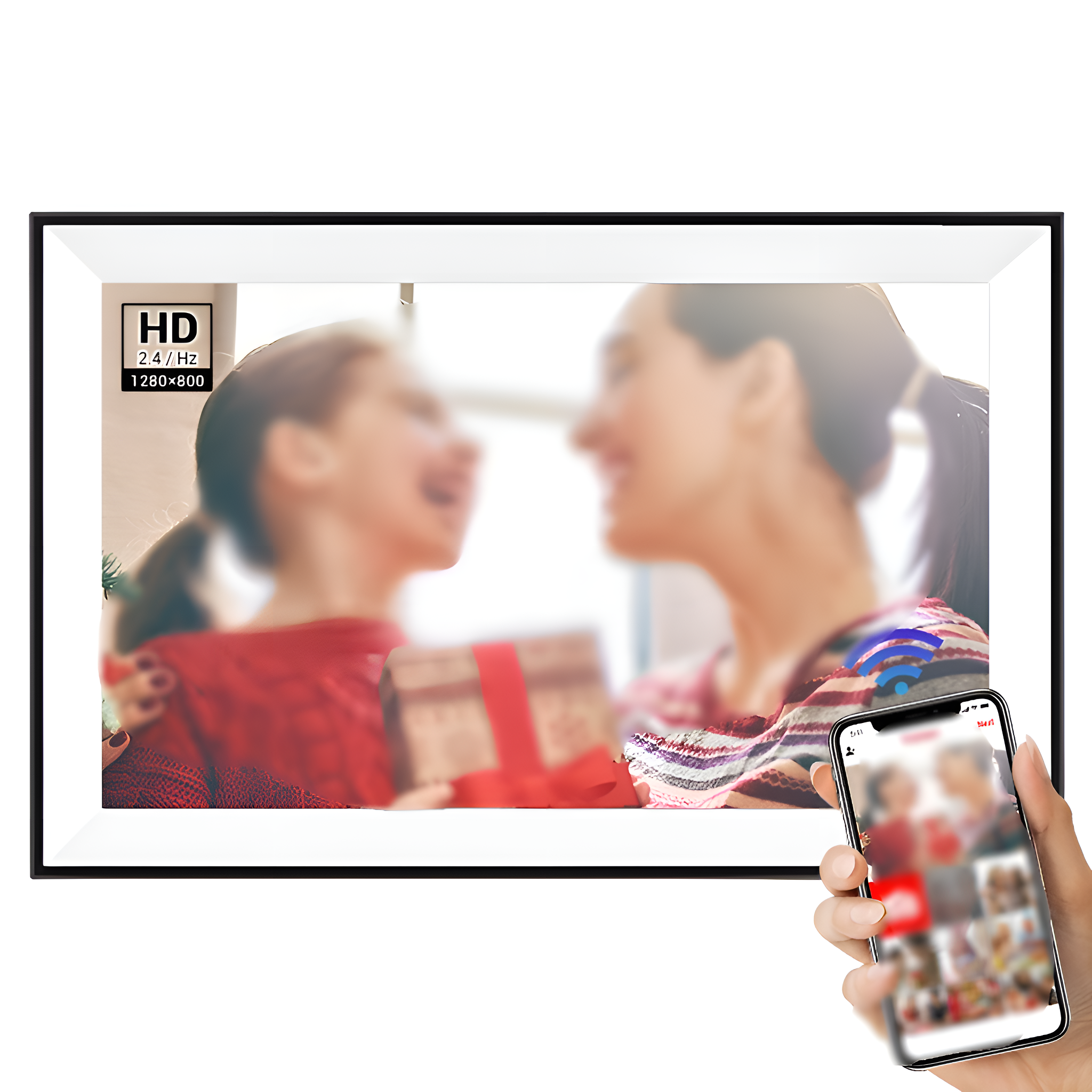 Ein intelligenter digitaler Bilderrahmen mit einer Familie.