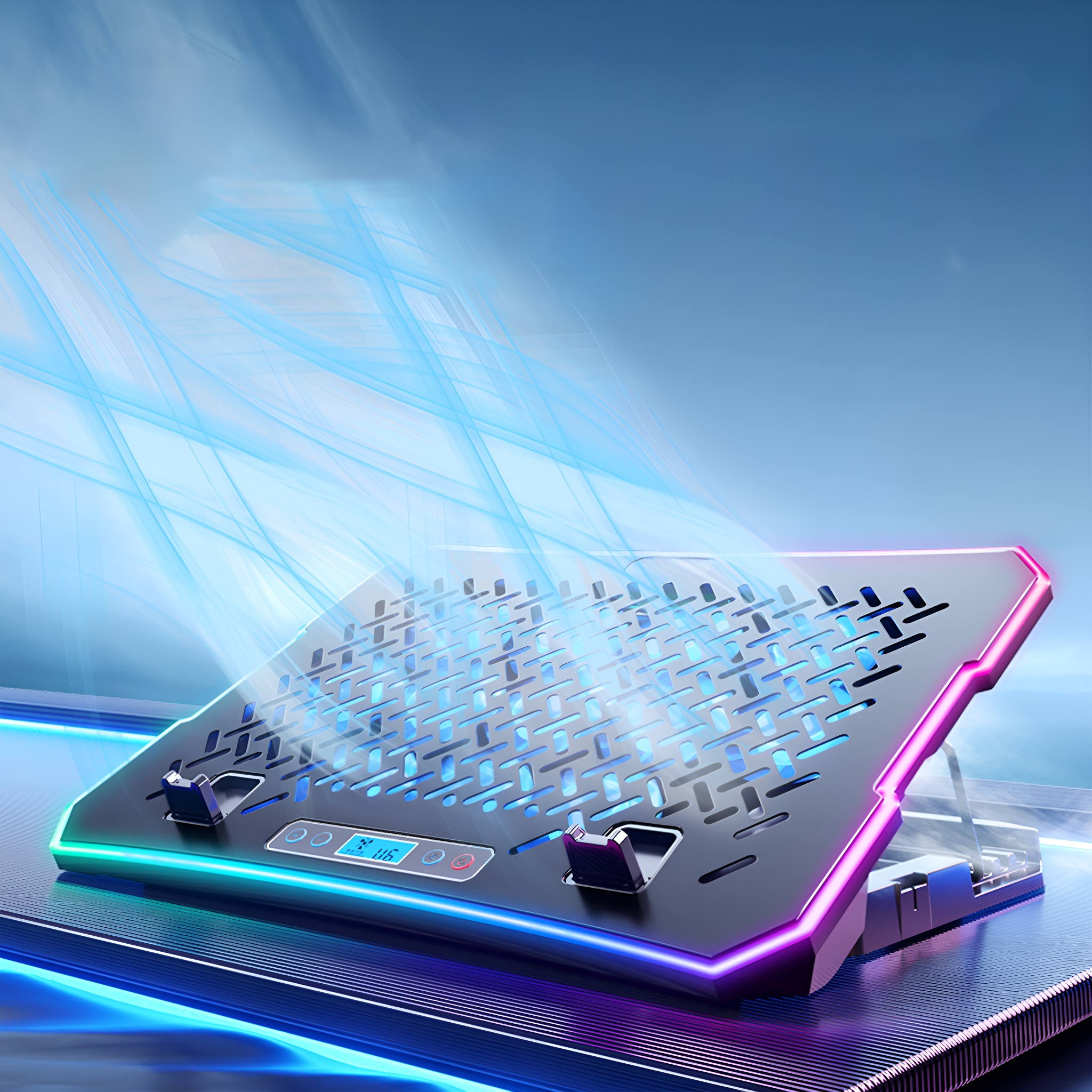 Ein schwarzer Laptop-Kühler mit blauen Lichteffekten auf dunkler Oberfläche, blauer Himmel im Hintergrund.