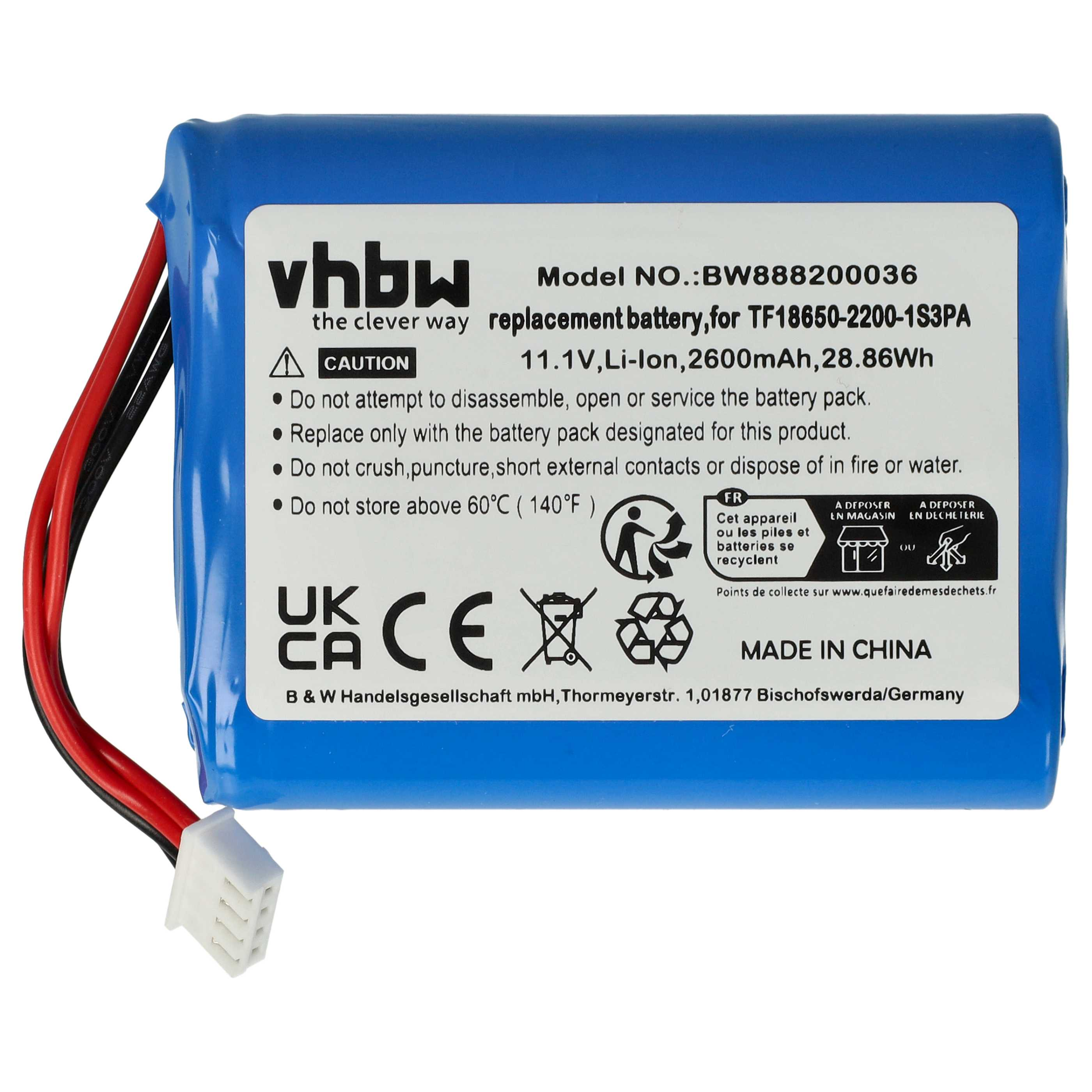 Blaue Ersatzbatterie mit weißem Etikett, schwarzen und roten Drähten und Stecker.