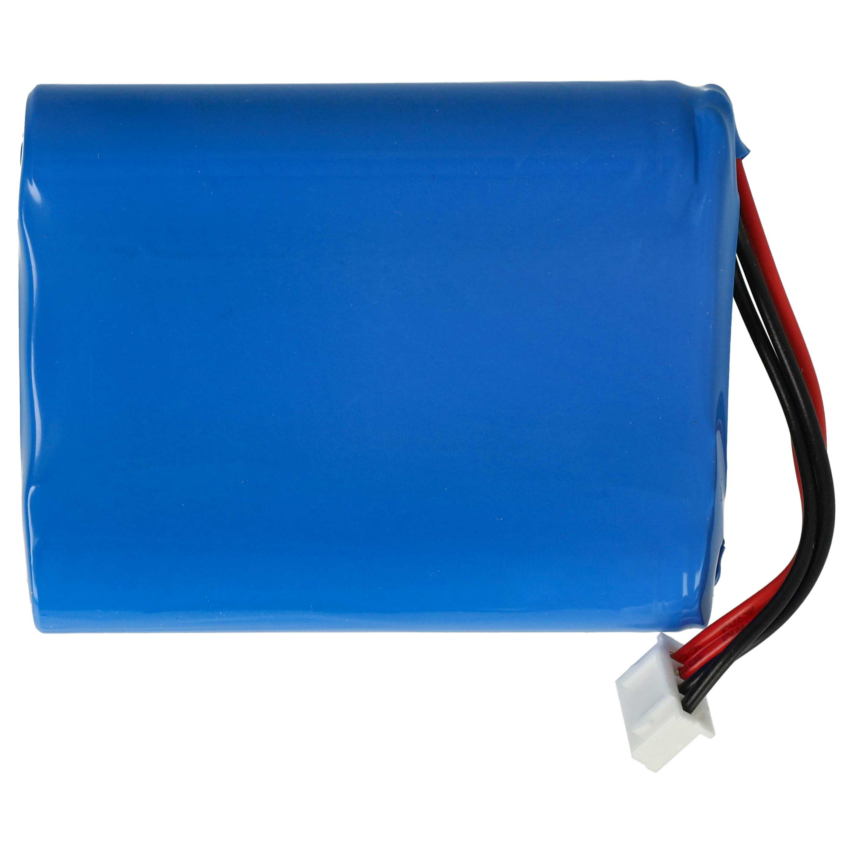 Blaue Batterie mit schwarzen und roten Drähten und einem weißen Stecker. Die Batterie hat eine rechteckige Form.