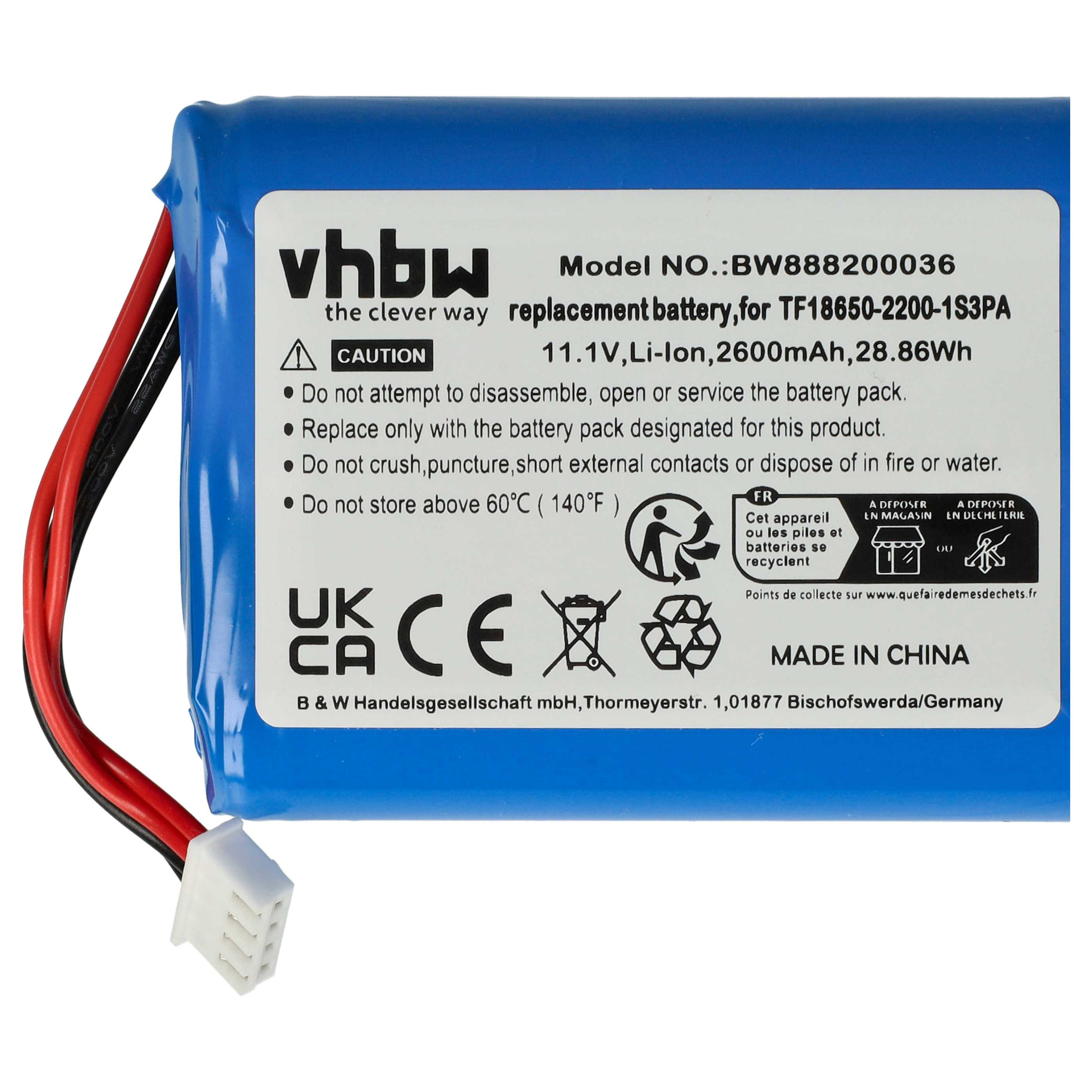 Blaue Batterie mit Text und Warnhinweisen. Sie hat einen weißen Stecker und rote und schwarze Drähte.