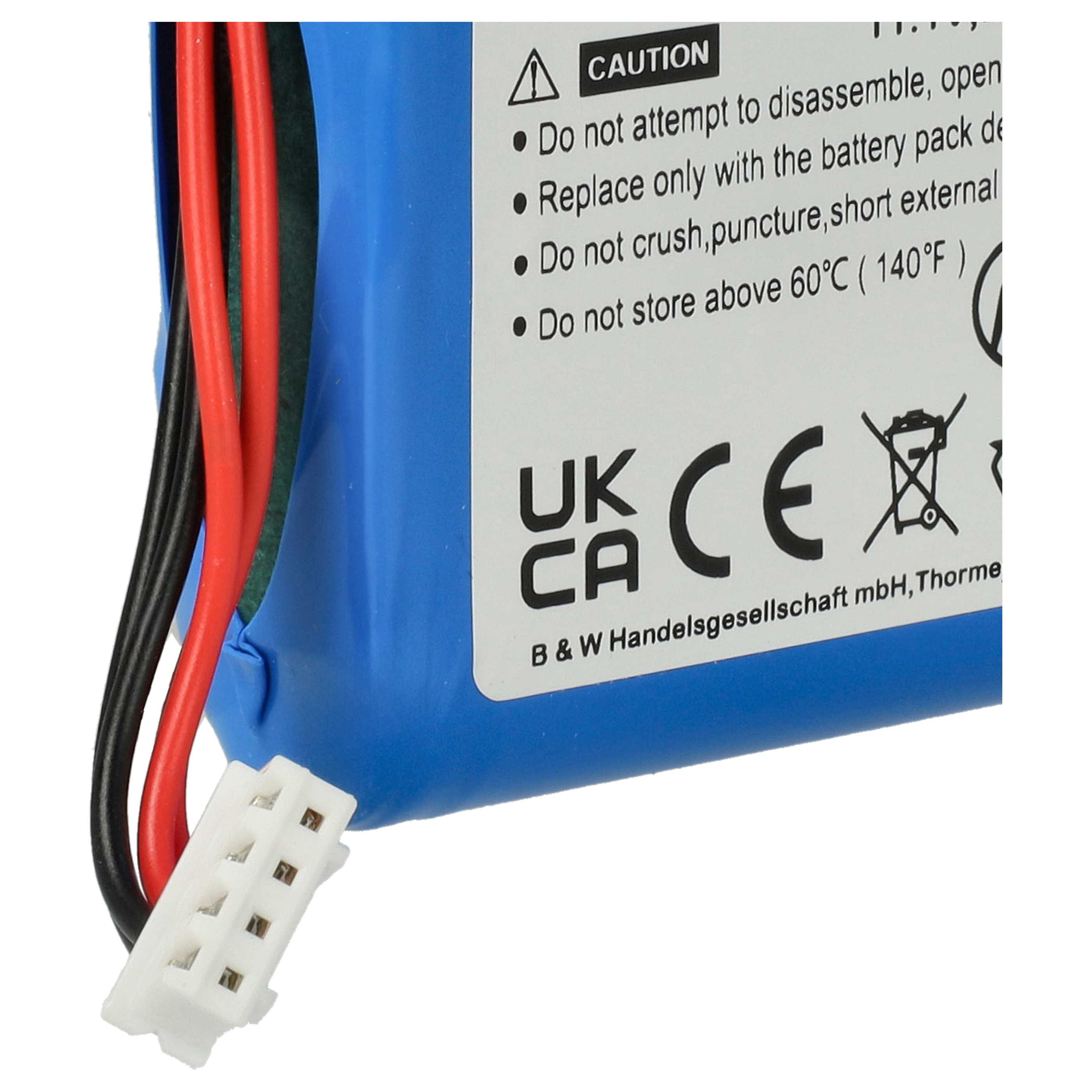 Ein blaues Akkupack mit Drähten und einem weißen Stecker wird gezeigt.