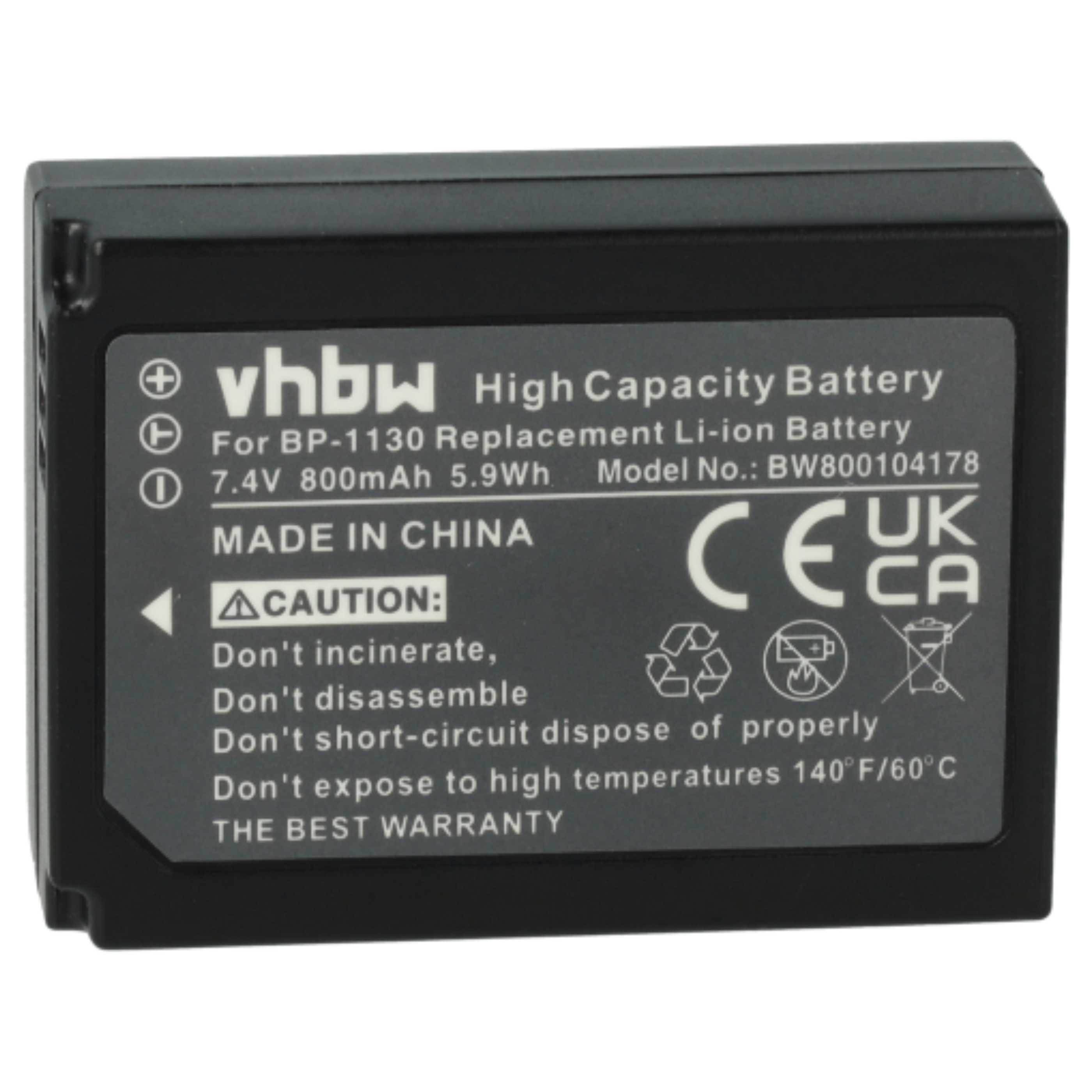 Eine schwarze Batterie mit technischen Details, Warnungen und Zertifizierungen.