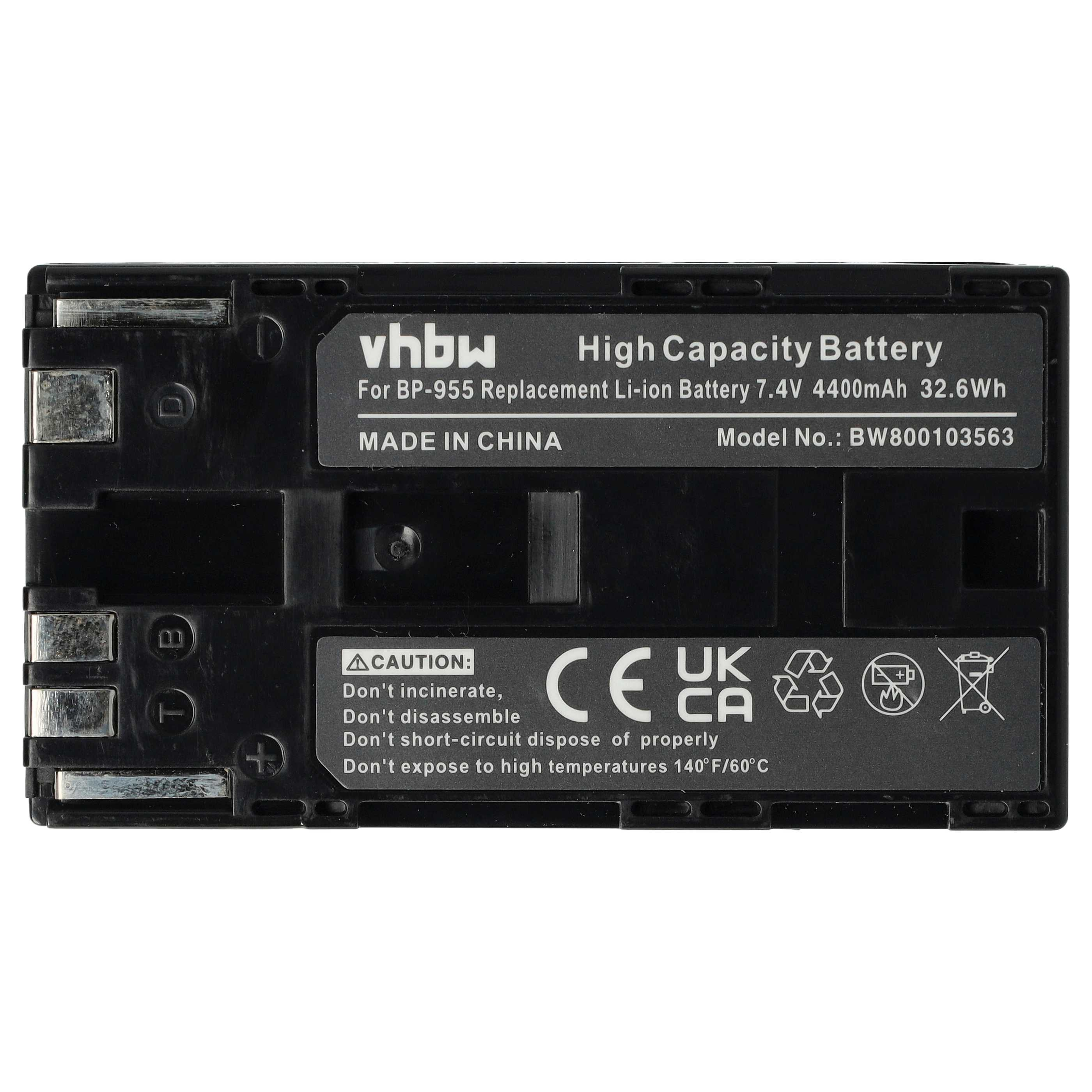 Schwarzer Akku. Er enthält Text, einschließlich 'High Capacity Battery' und Warnhinweise.