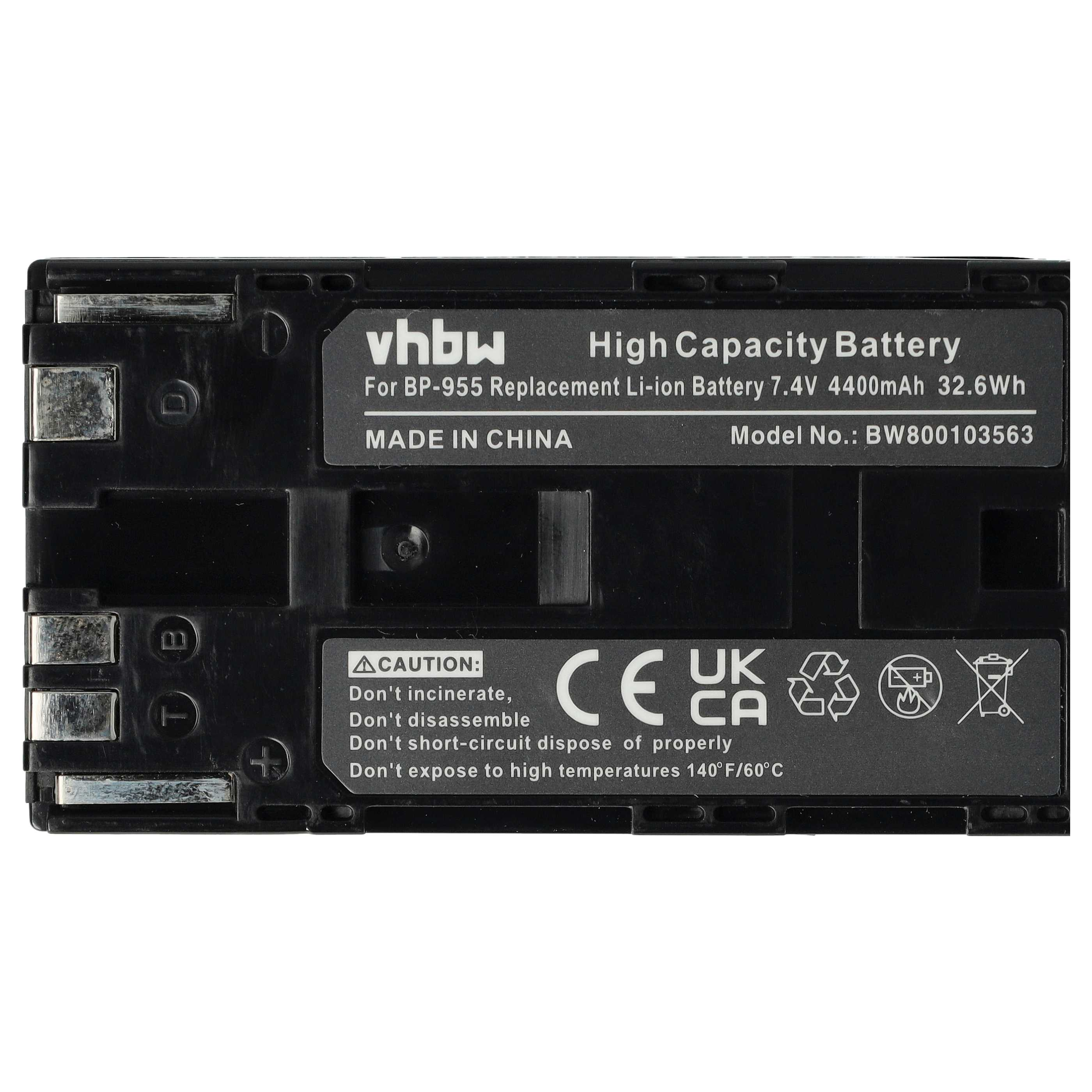 Schwarzer Akku mit Warnhinweisen und Recycling-Symbolen, HERGESTELLT IN CHINA, 7,4 V 4400 mAh 32,6 Wh.