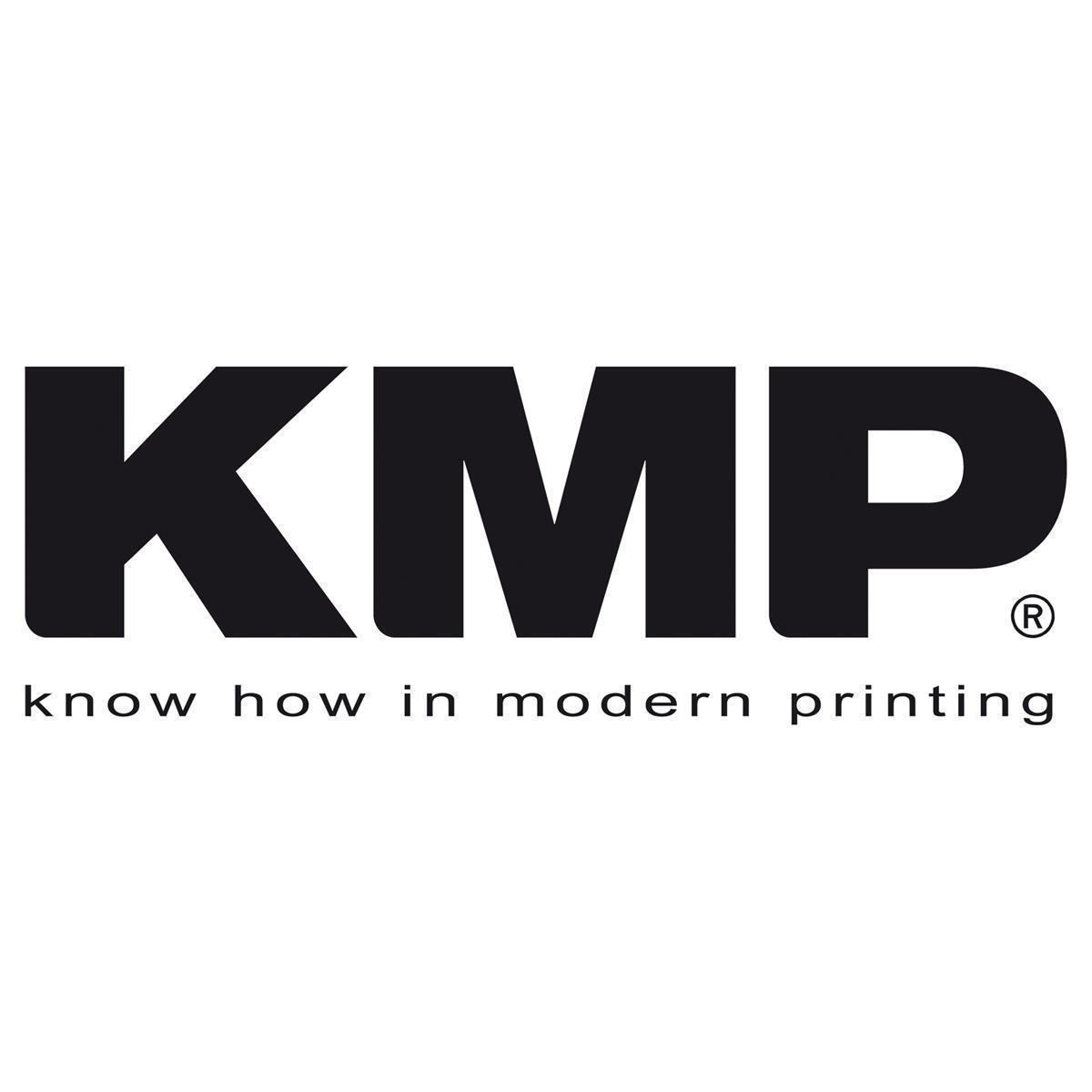 Logo KMP: Czarne, pogrubione litery KMP, poniżej 'know how in modern printing' na białym tle.