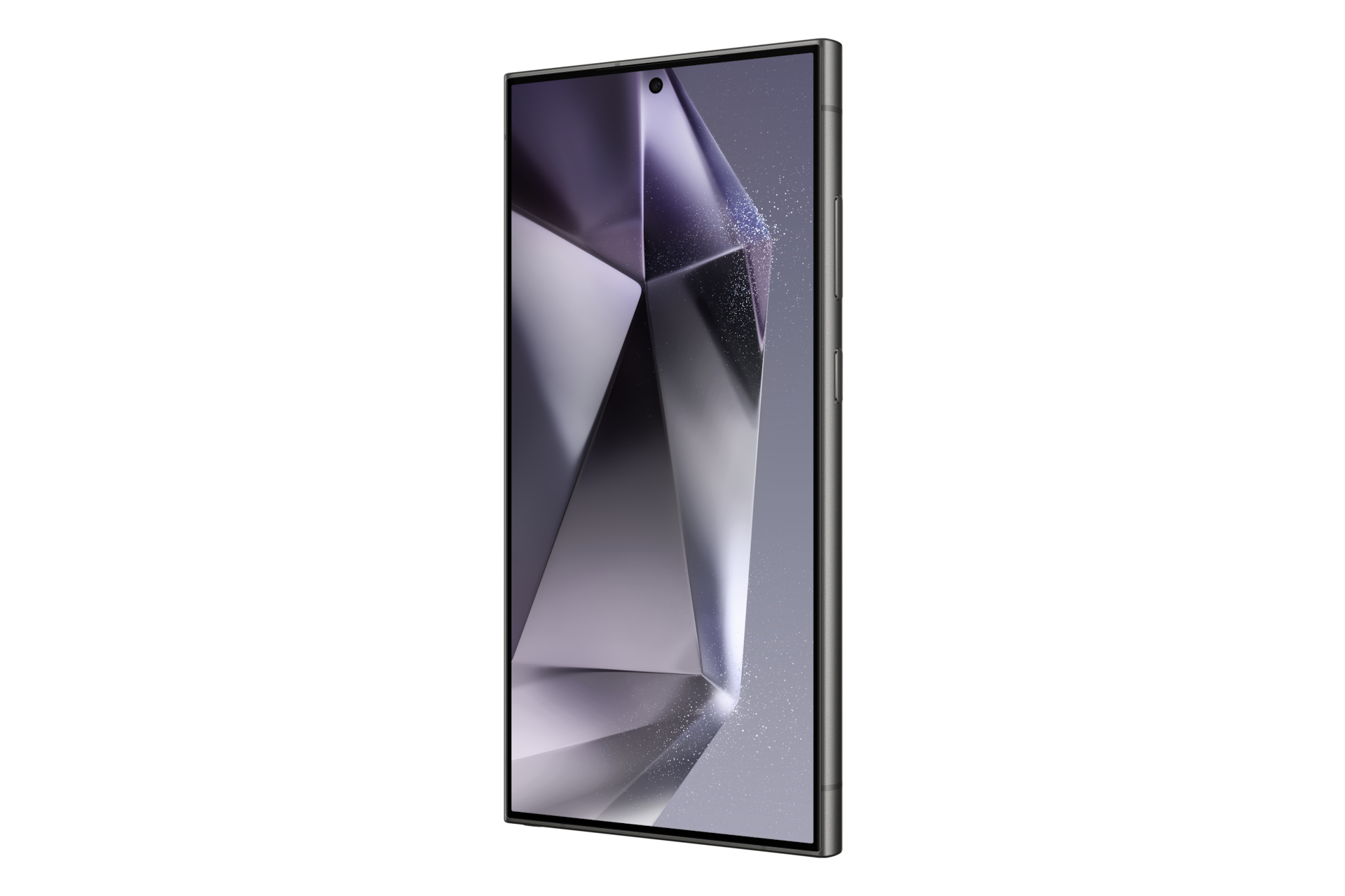 Srebrny smartfon, pokazujący geometryczny wzór na ekranie.