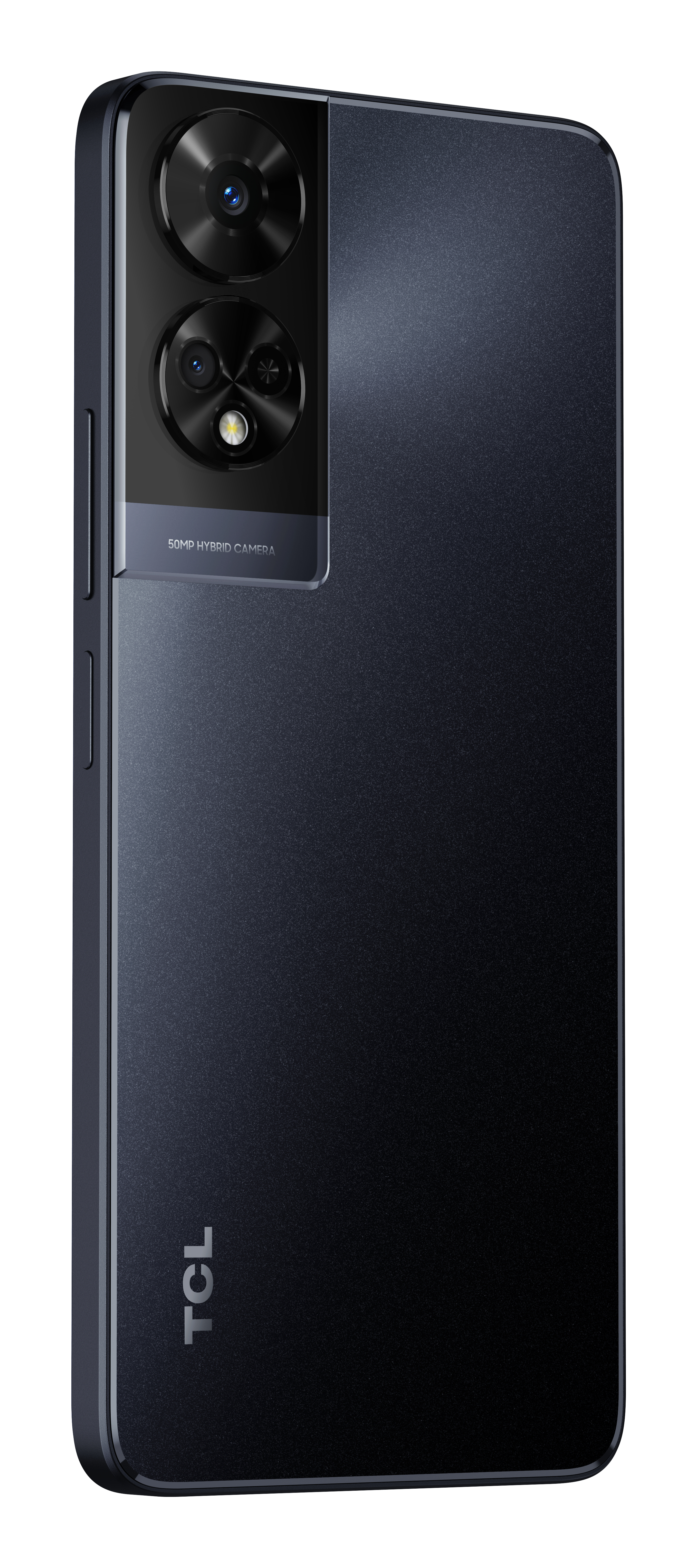 Un teléfono inteligente TCL azul oscuro, vista trasera. Tiene cámaras duales y una lente de cámara negra. Fondo blanco.
