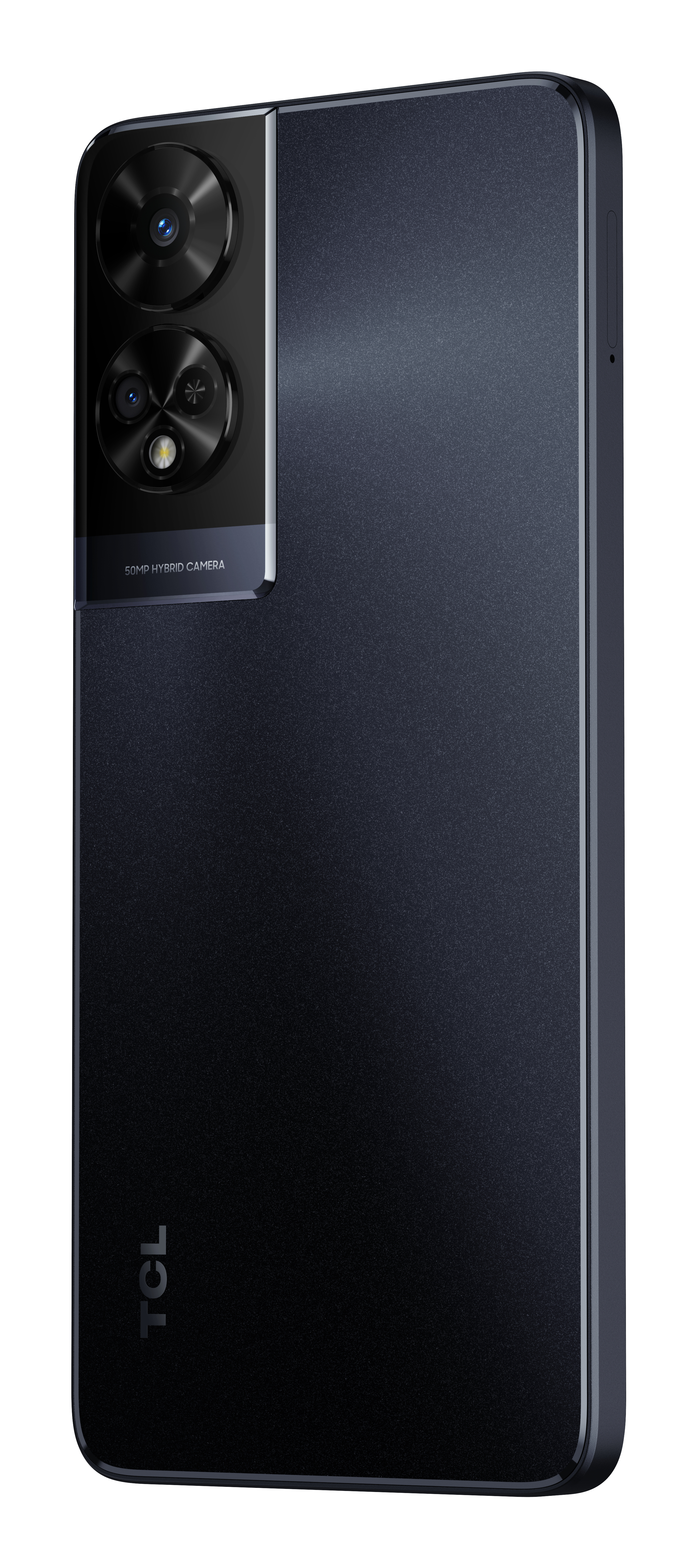 Smartphone negro con cámaras traseras duales y el logo de TCL. Fondo oscuro.