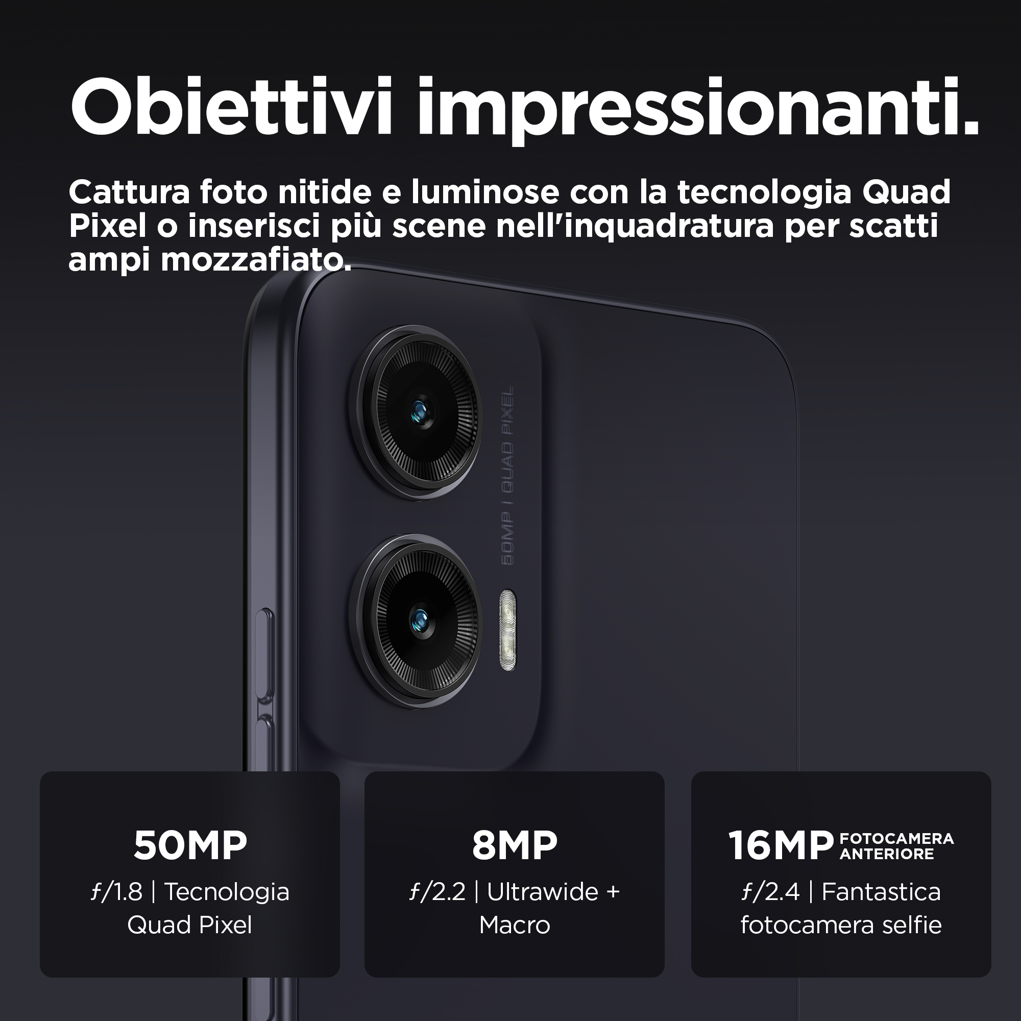 Zbliżenie telefonu z trzema aparatami i tekstem o funkcjach aparatu.