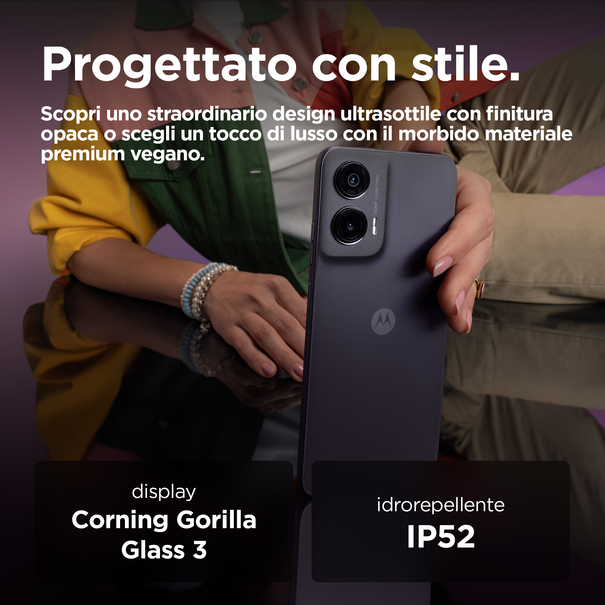 Una persona tiene in mano uno smartphone viola scuro. Testo sulle funzioni del telefono. Sfondo viola.