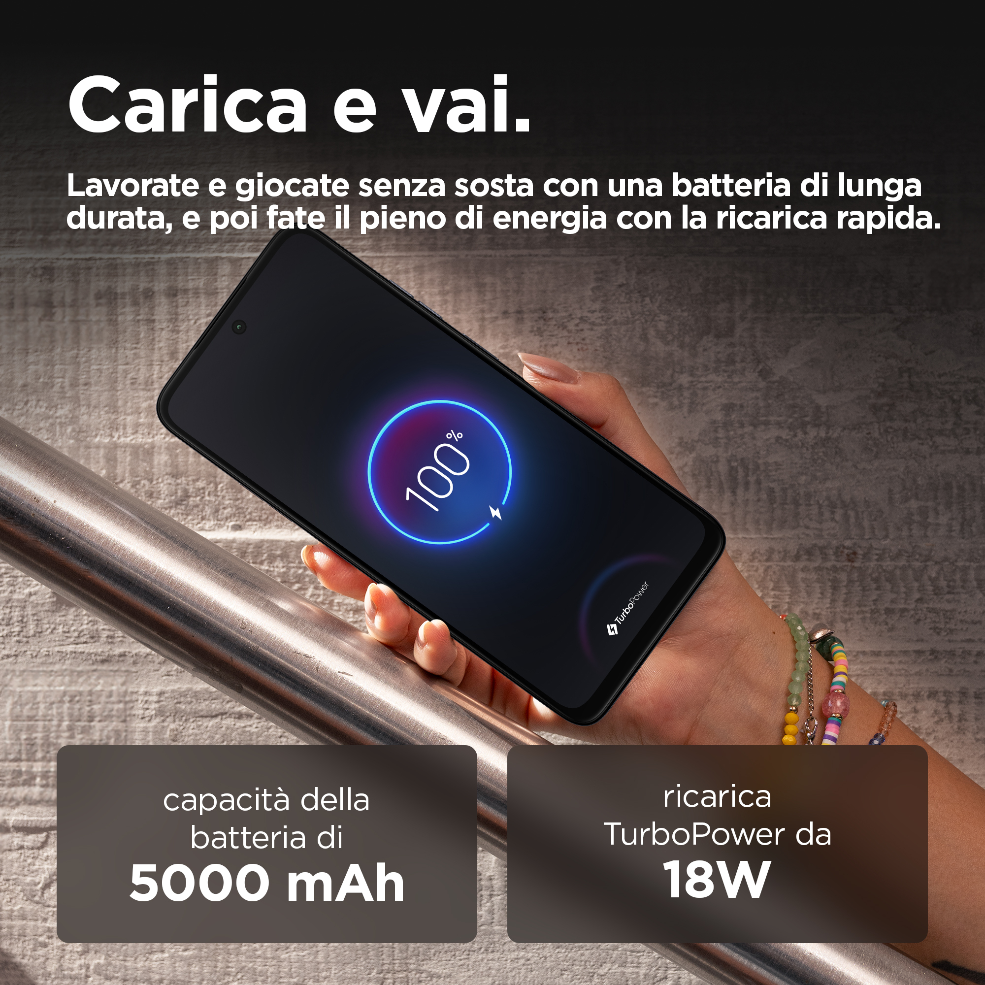 Ręka trzymająca telefon wyświetlający 100% baterii. Tekst: 'Pojemność baterii 5000 mAh' i '18W TurboPower'.