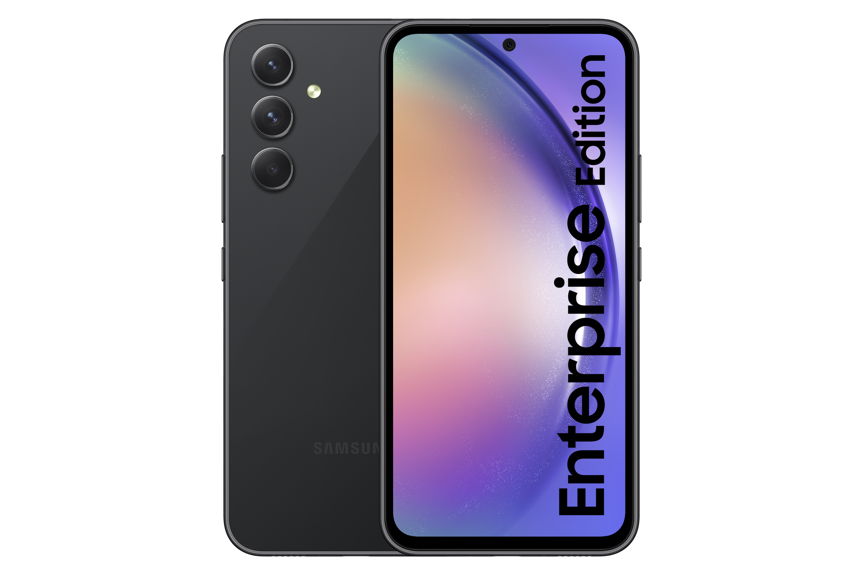 Czarny telefon, tył i przód. Białe tło.