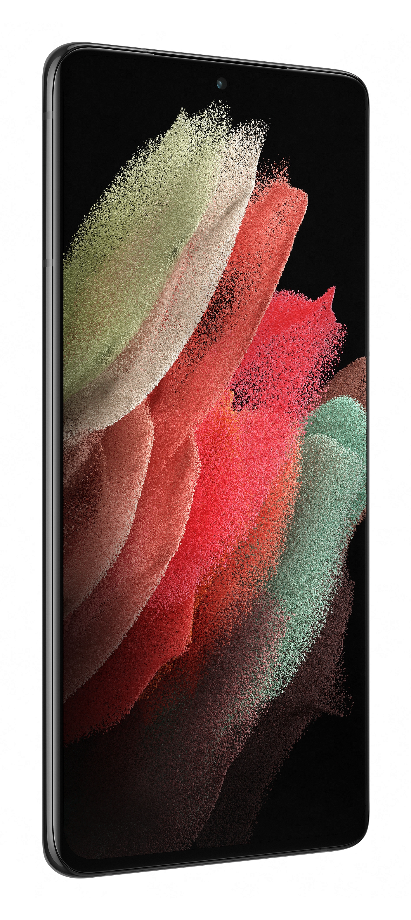 Czarny smartfon z kolorowym, abstrakcyjnym tłem na ekranie.