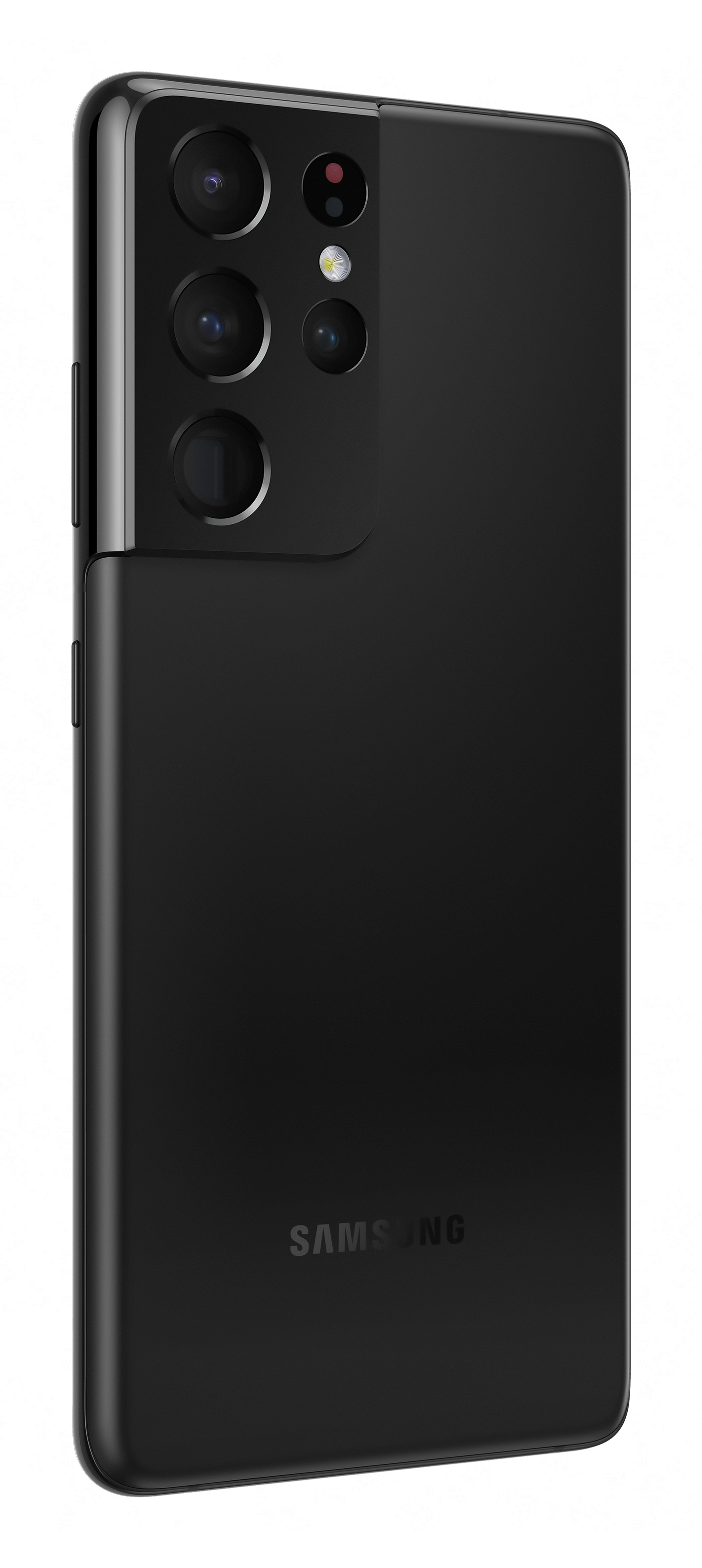 Czarny telefon Samsung Galaxy S21 Ultra, pokazujący tył z aparatami.