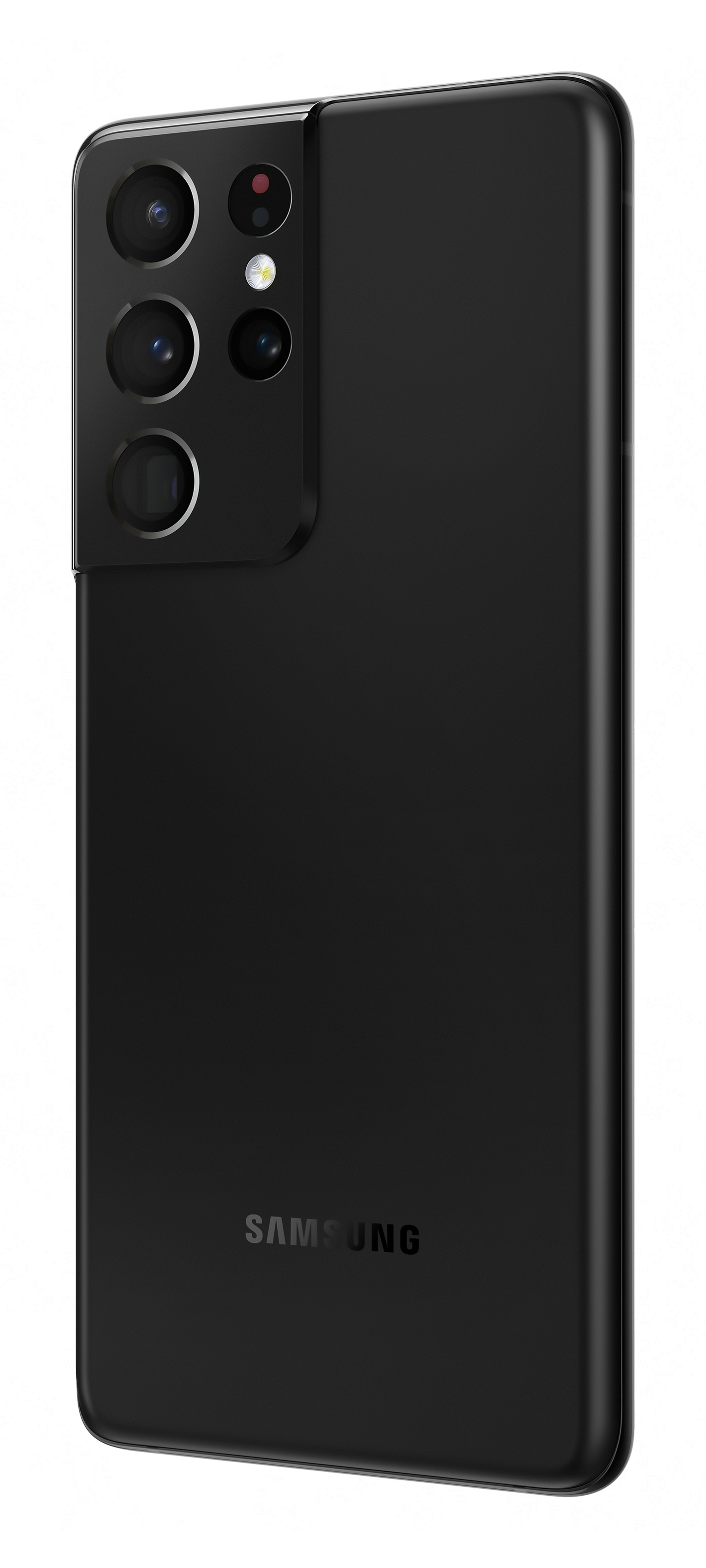 Czarny telefon Samsung Galaxy S21 Ultra, pod kątem, ukazujący tył z aparatami i logo 'SAMSUNG'.