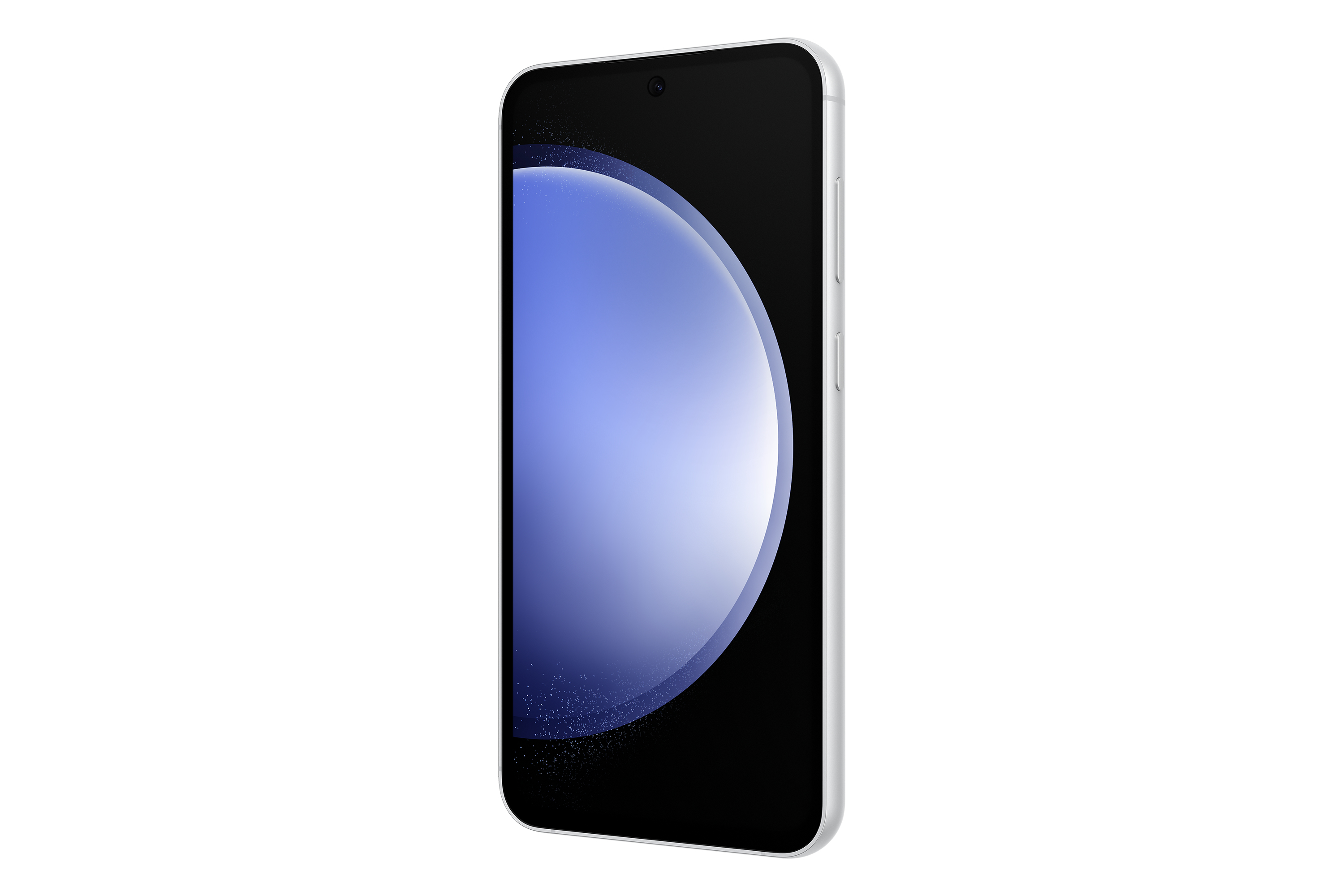 Biały smartfon z niebieskim ekranem. Widok pod kątem. Białe tło.