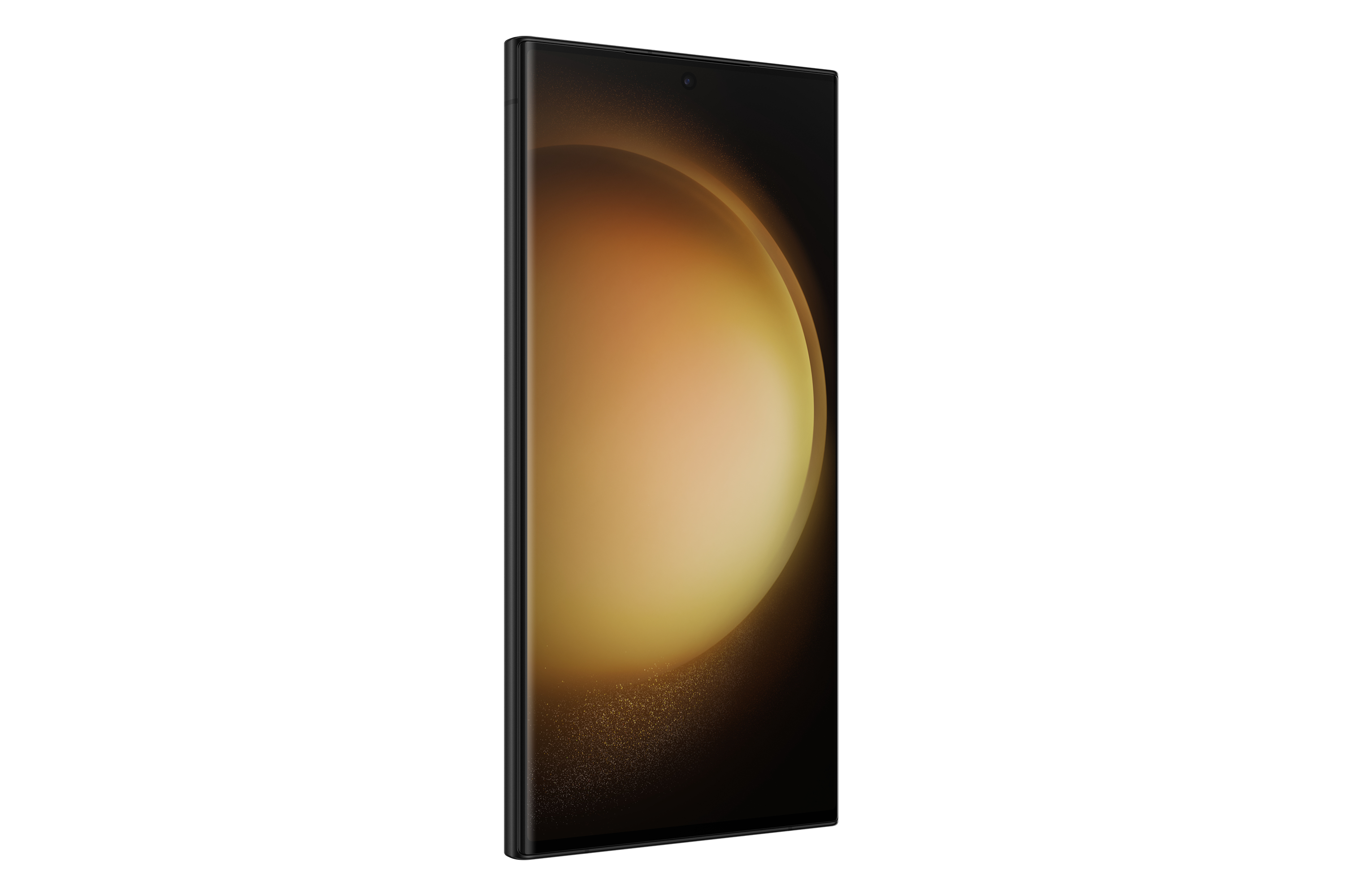 Czarny smartfon, pokazujący złoty gradient na wyświetlaczu. Telefon jest na białym tle.