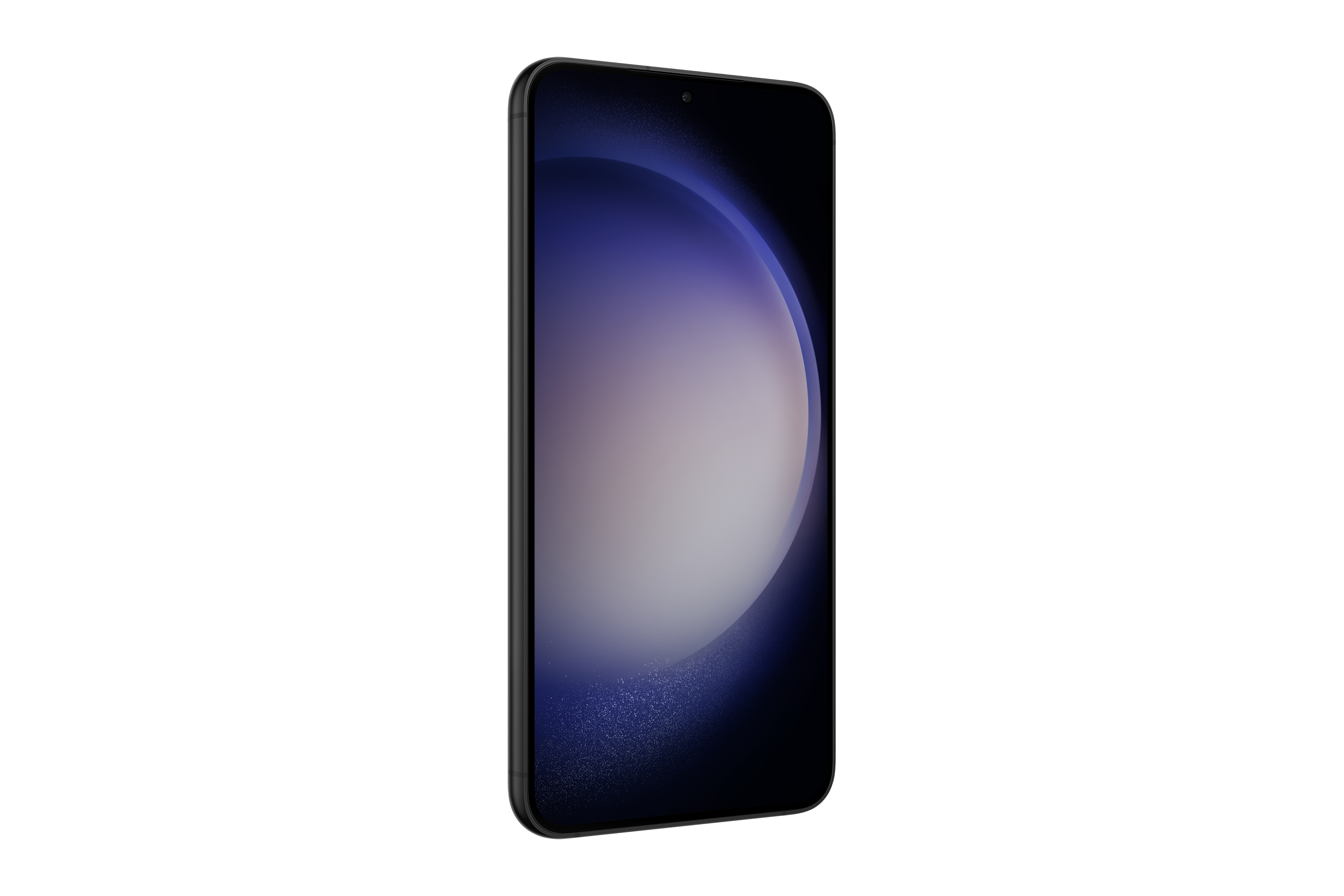 Czarny smartfon z ekranem wyświetlającym niebiesko-biały gradient. Telefon jest widoczny z boku.