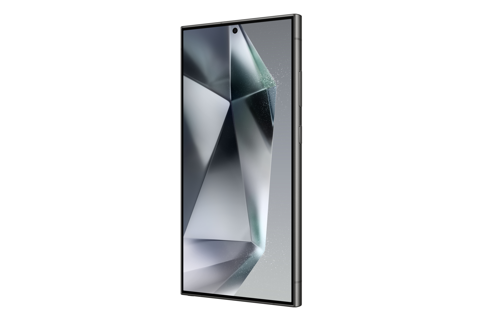Een zilveren smartphone schuin naar links, met een geometrisch, abstract ontwerp op het scherm.