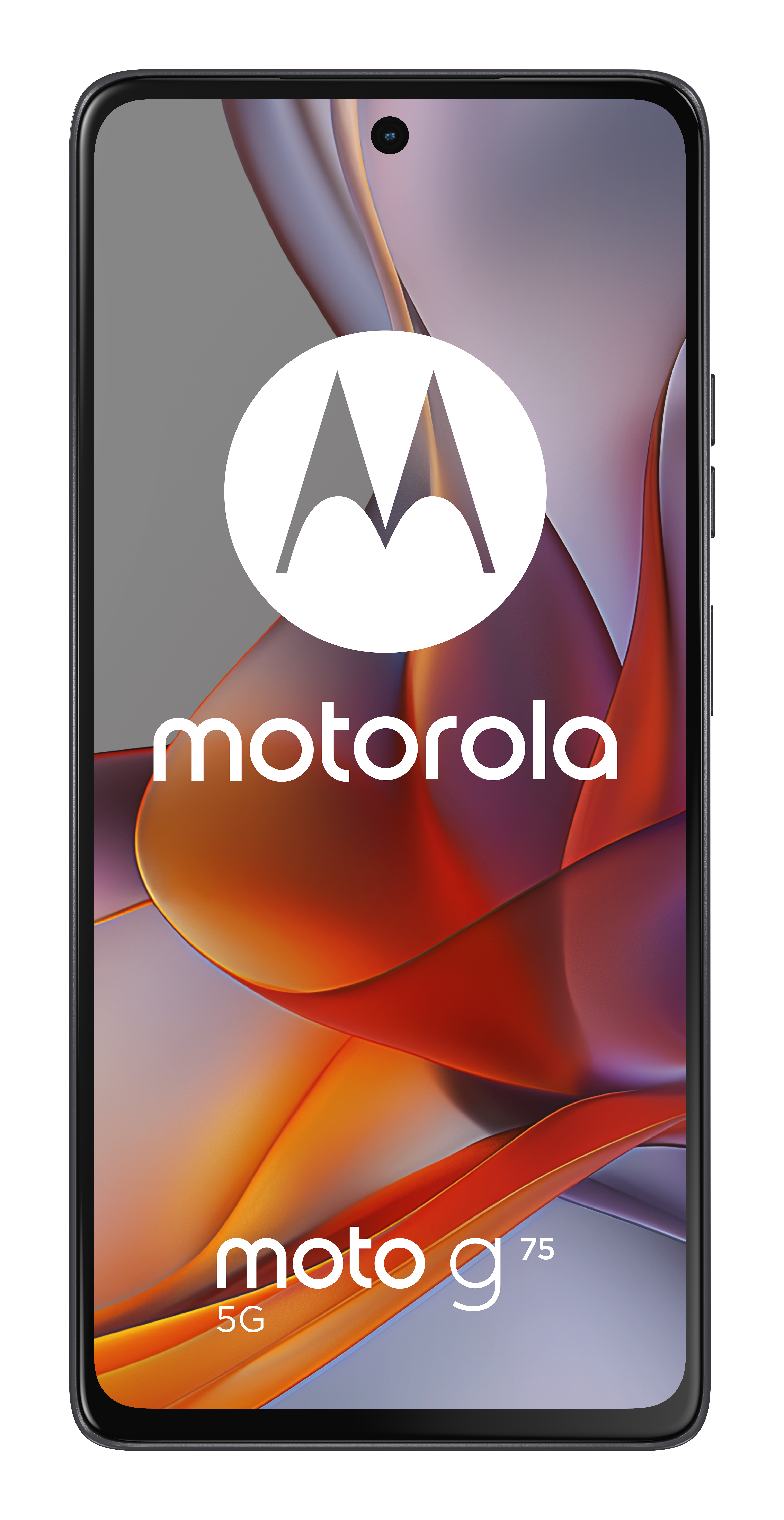 Telefon Motorola moto g75 na białym tle. Wyświetla logo Motorola i informacje o 5G.