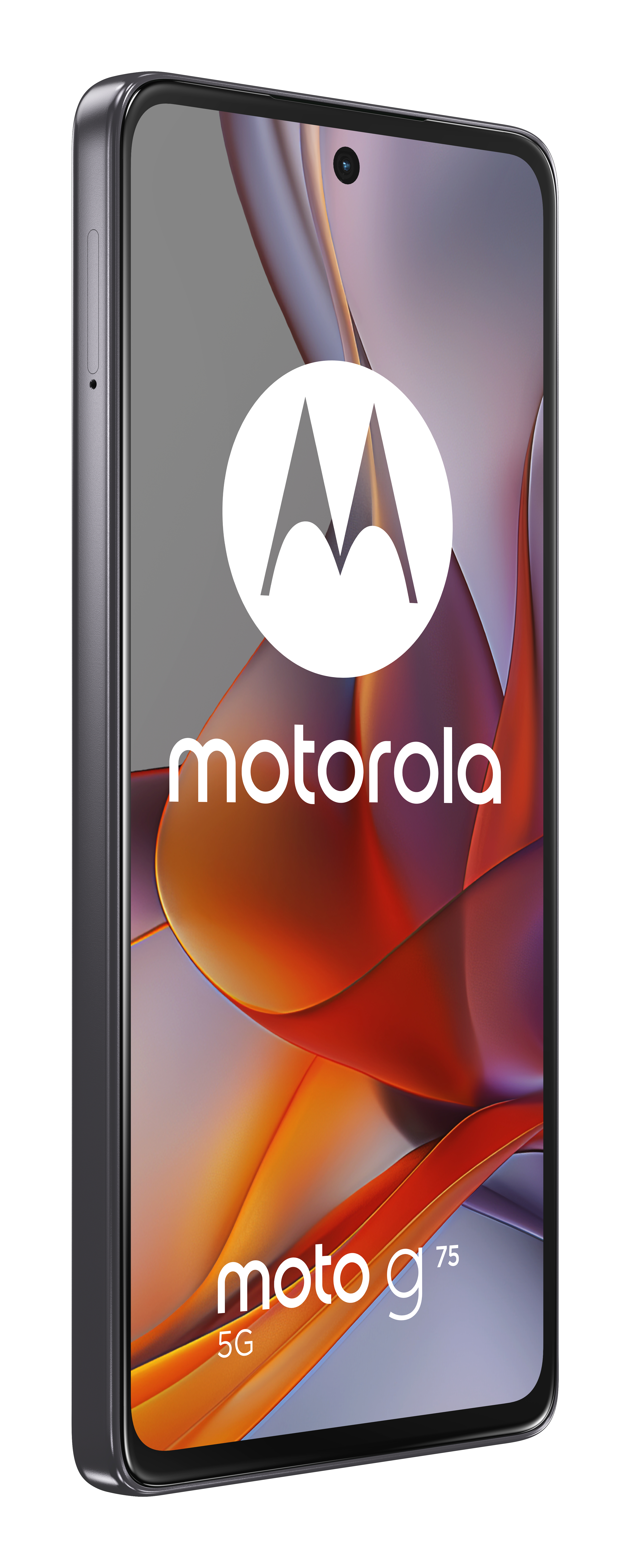 Czarny telefon Motorola z dużym białym logo i napisem 'moto g75'. Tło jest pomarańczowe.
