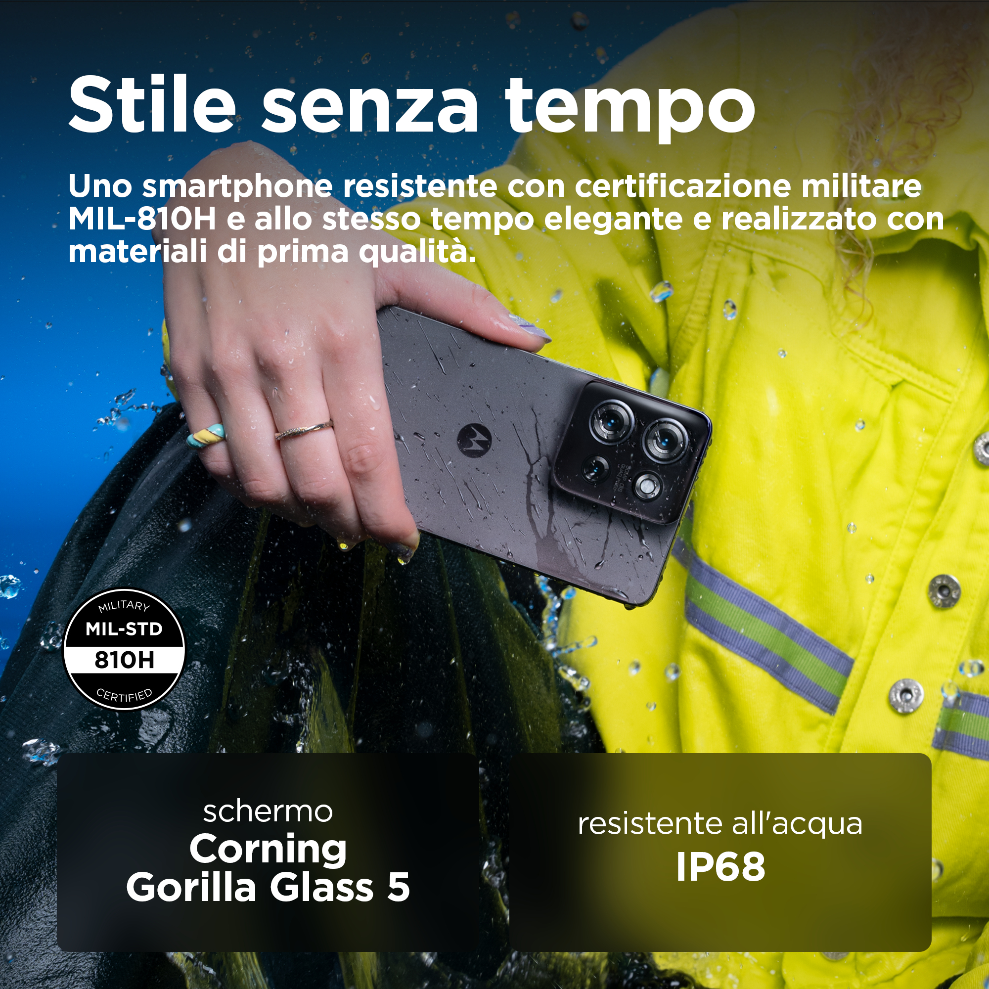 Dłoń trzymająca czarny smartfon. Nakładka tekstowa zawiera specyfikacje i certyfikaty. Żółta kurtka.