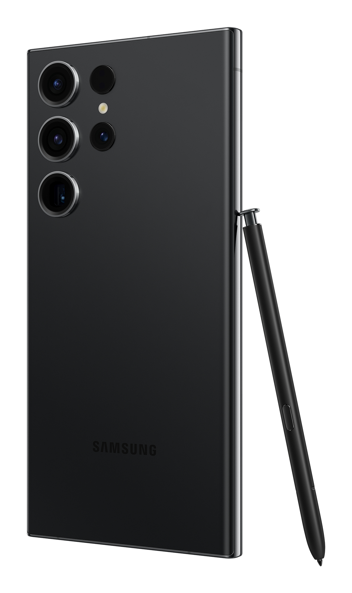 Zwarte Samsung smartphone met een stylus. Witte achtergrond.