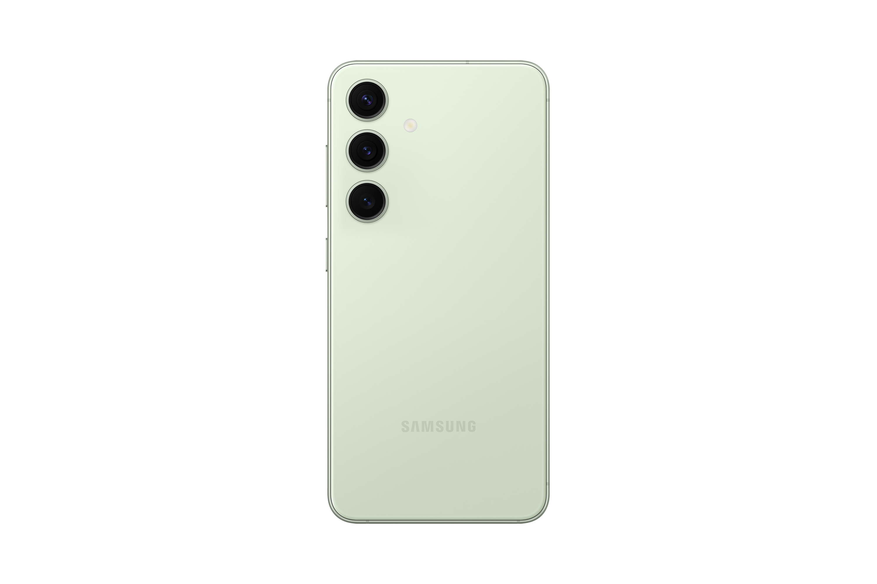 Een groene telefoon met drie camera's aan de achterkant, het Samsung-logo is zichtbaar op een witte achtergrond.