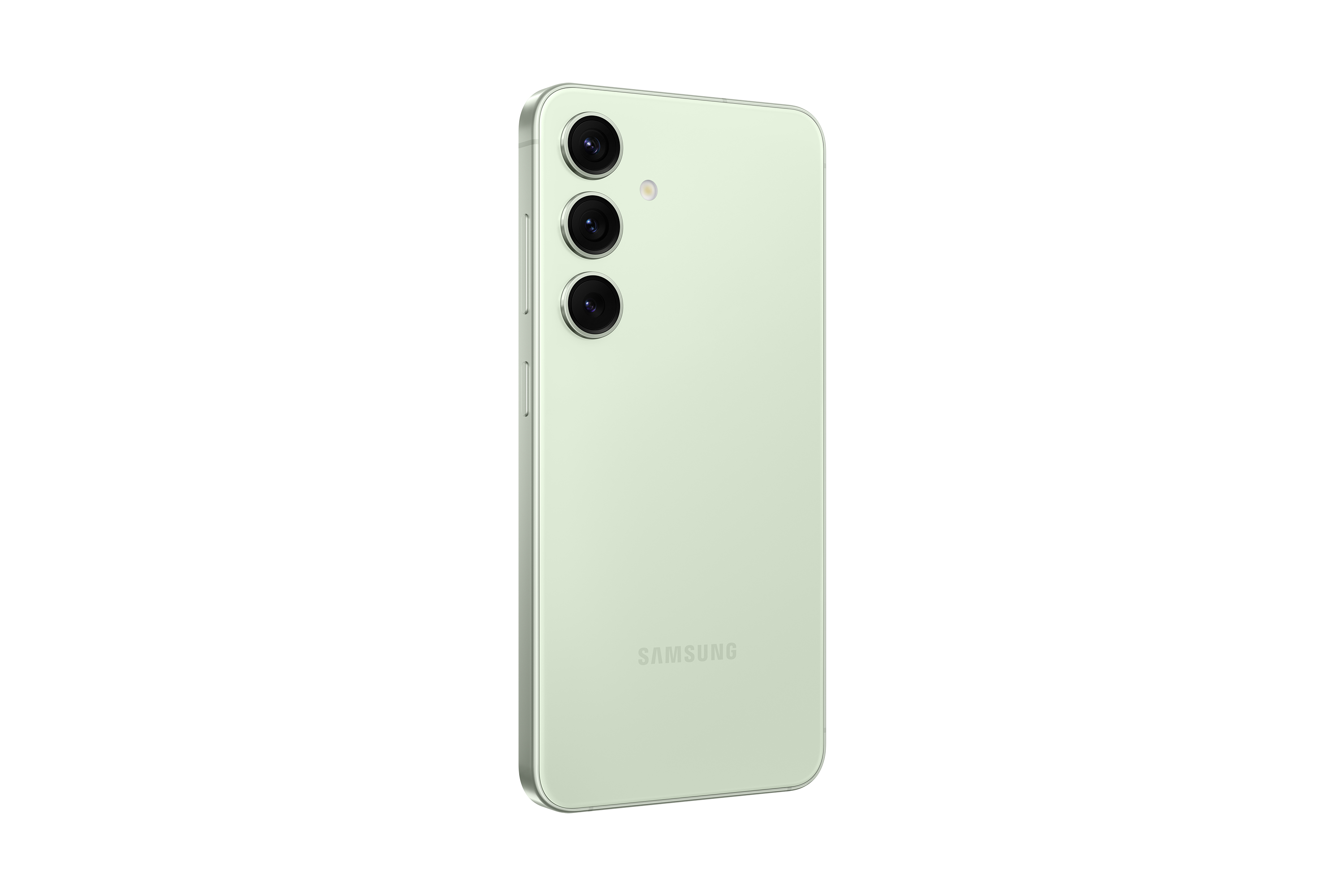 Een lichtgroene Samsung-smartphone met drie camera's aan de achterkant, van achteren bekeken.