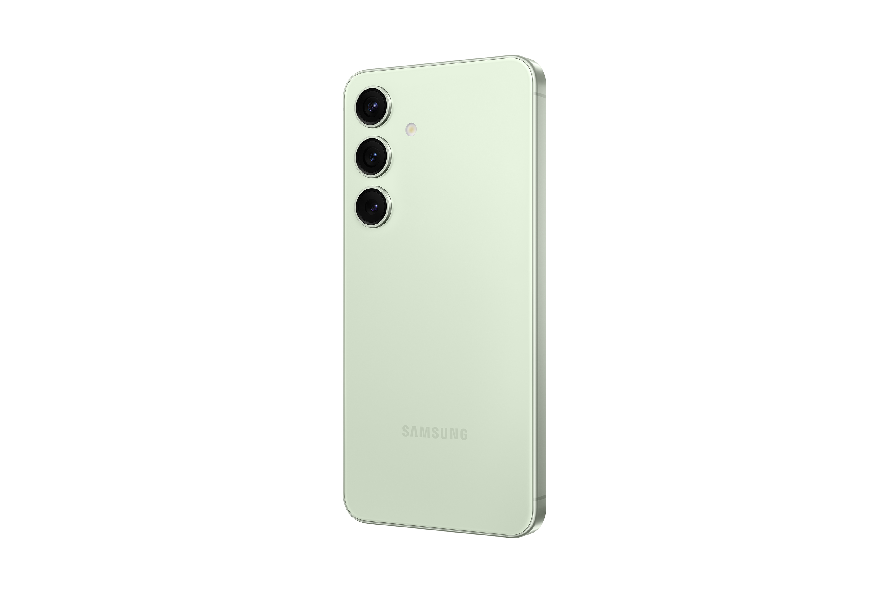 Achterkant van een groene smartphone. Beschikt over drie camera's, het Samsung-logo en een lichtgroene afwerking.